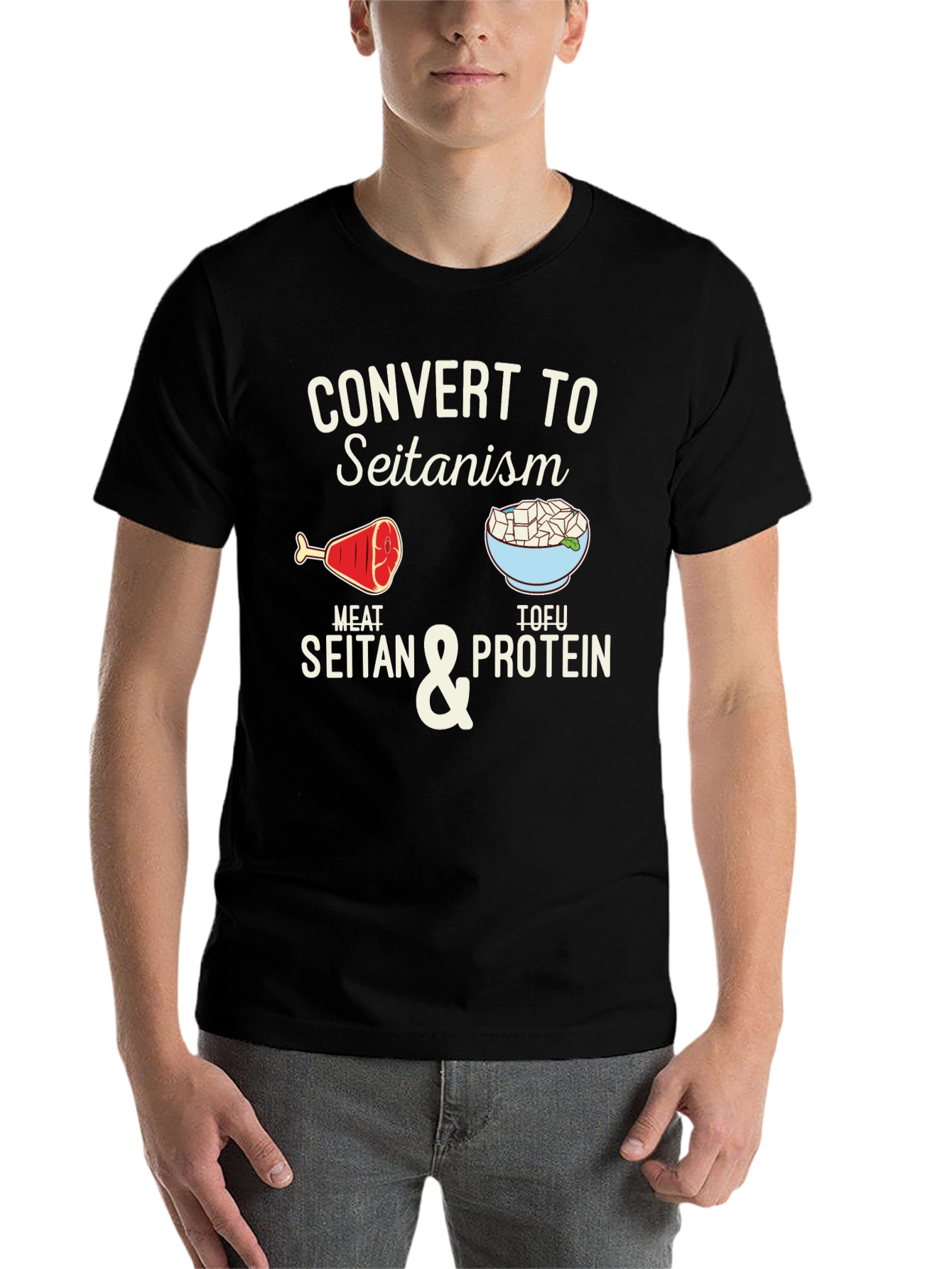 Black Convert to Seitanism T-Shirt - Vegan & Vegetarian Humor Tee view 7