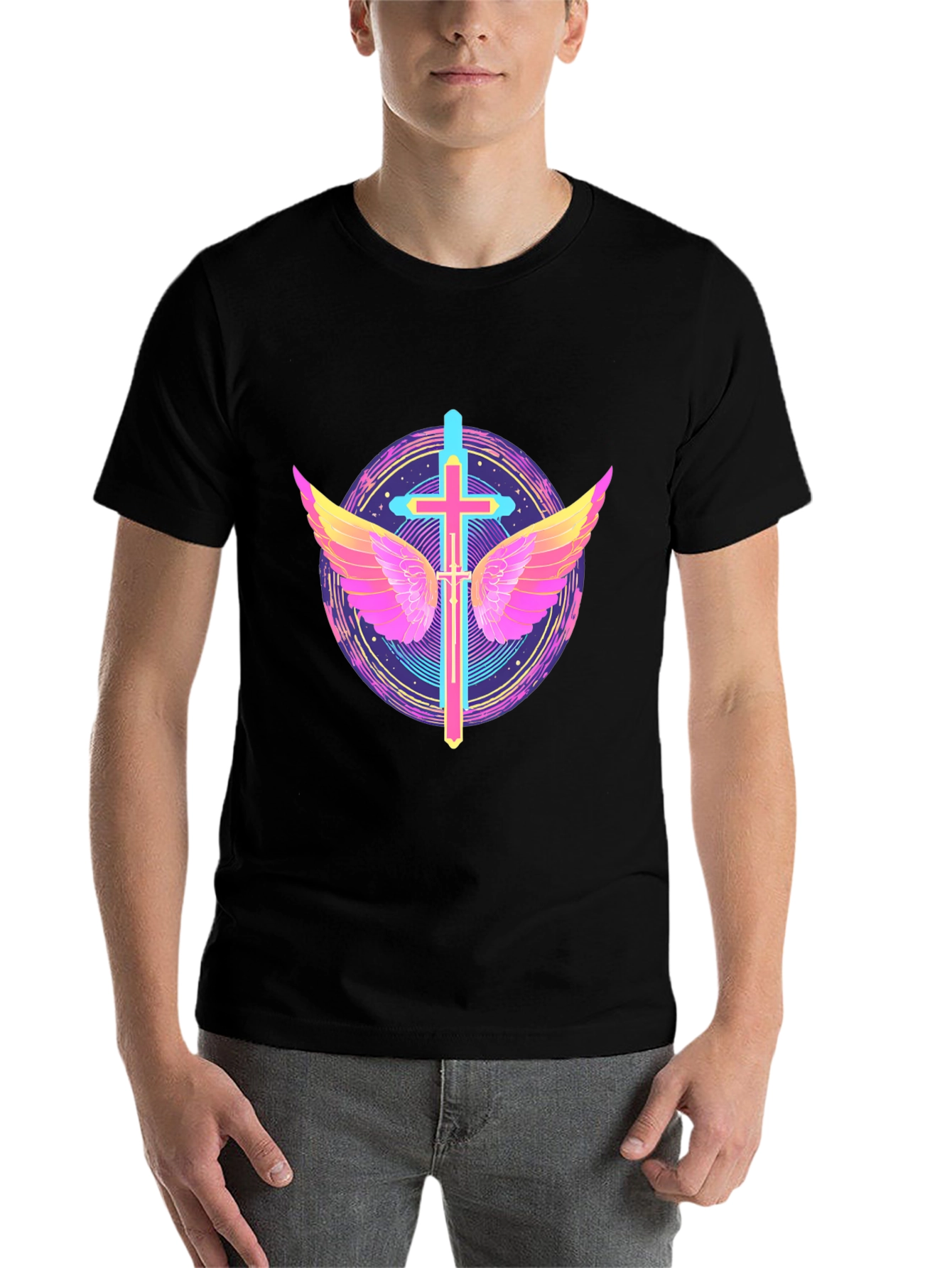 Black Neon Cross & Wings Graphic Black T-Shirt view 7
