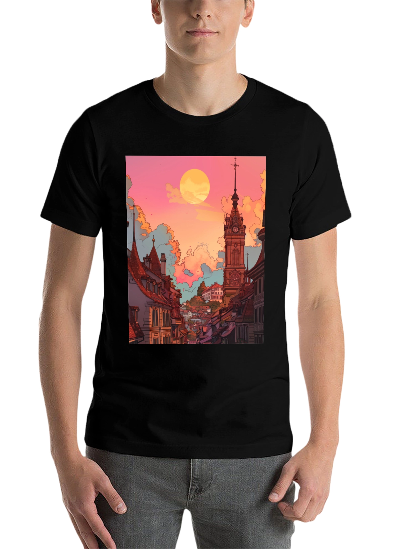 Black Retro Cityscape Graphic Tee - Unisex Black T-Shirt view 7