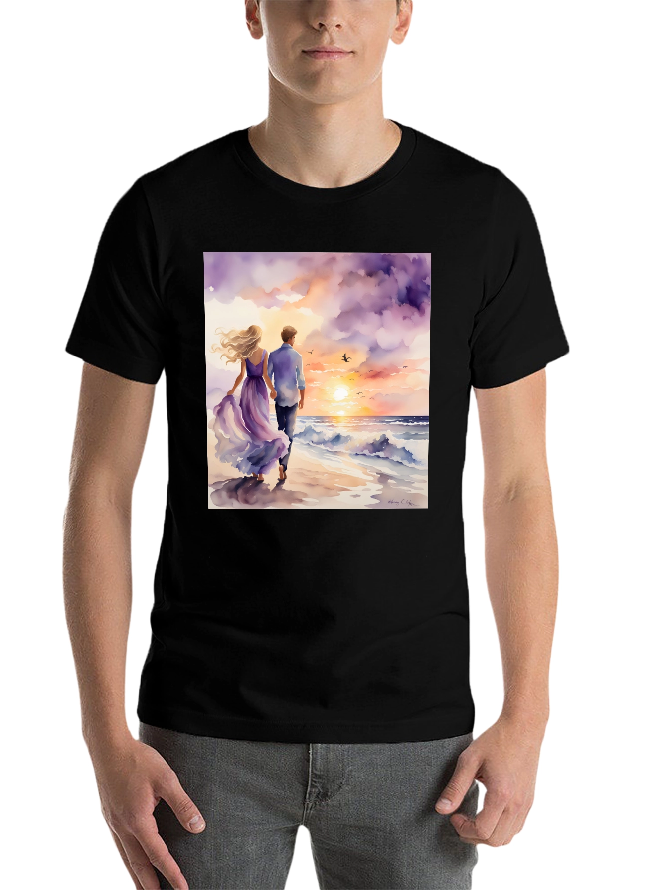 Black Romantic Sunset Couple T-Shirt view 7