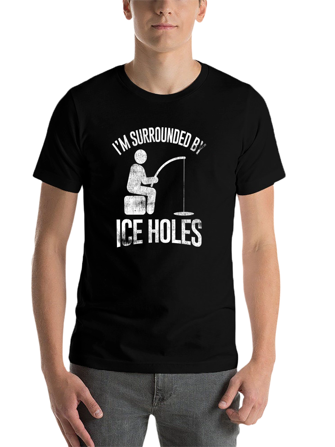 Black Funny Ice Fishing T-Shirt - Surrounded by Ice Holes view 7