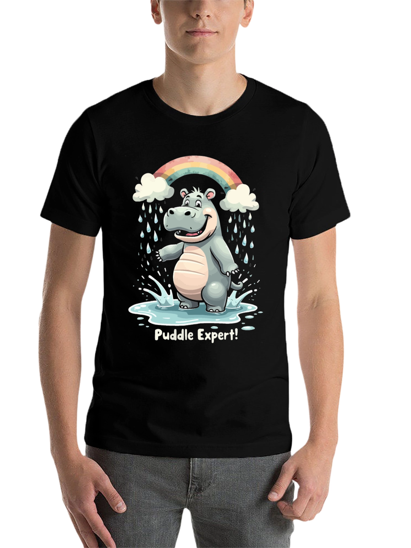 Black Puddle Expert Hippo T-Shirt - Funny Animal Tee view 7
