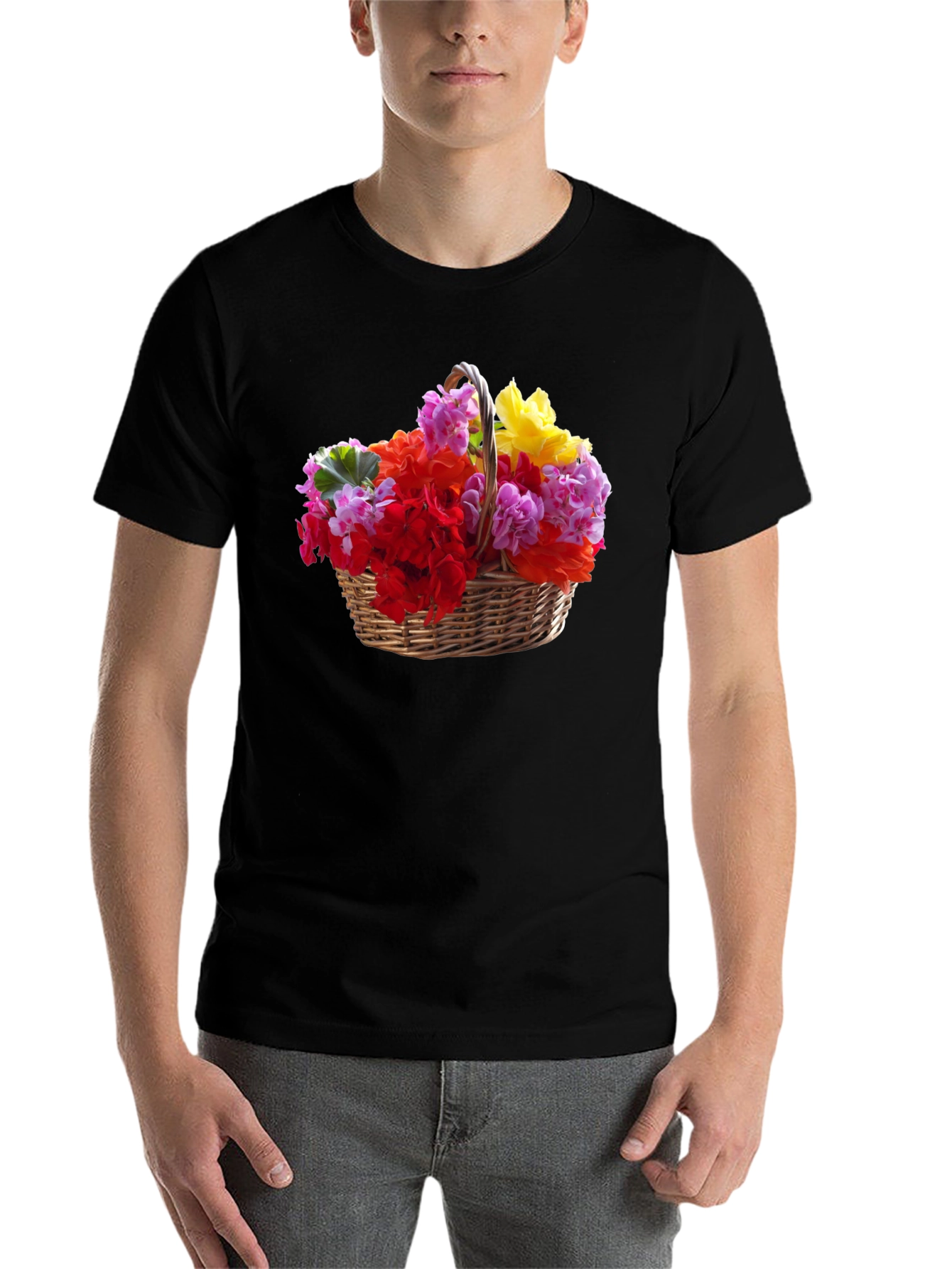 Black Floral Basket Graphic Tee - Mens Casual Short Sleeve T-Shirt view 7