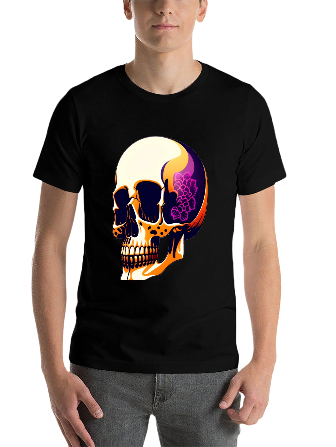 Black Skull & Floral Graphic Print Men's T-Shirt view 7