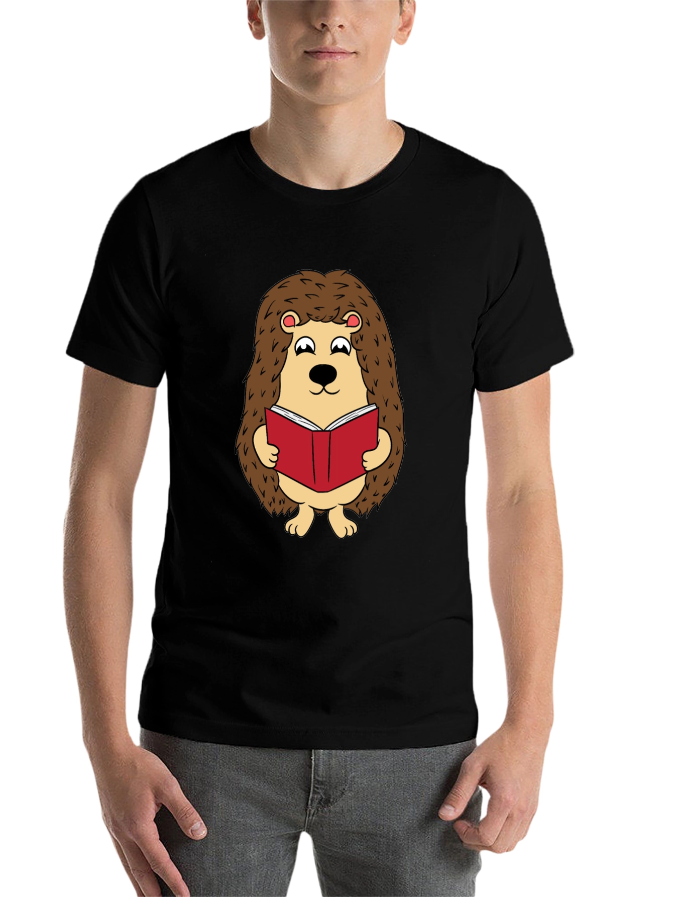Black Cute Hedgehog Reading Book Graphic T-Shirt view 7