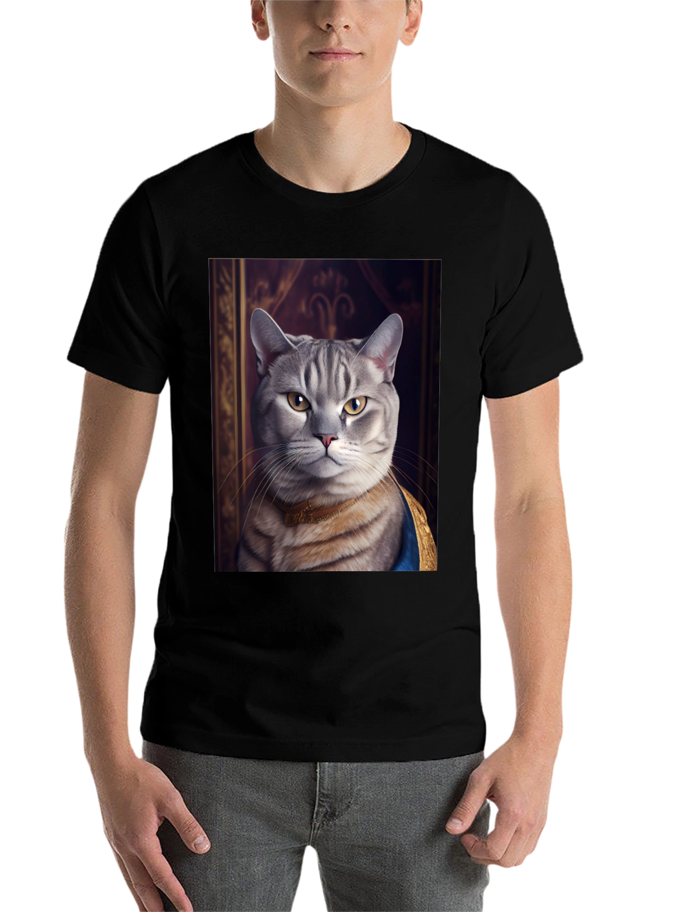 Black Regal Cat Portrait T-Shirt - Funny Pet Tee view 7