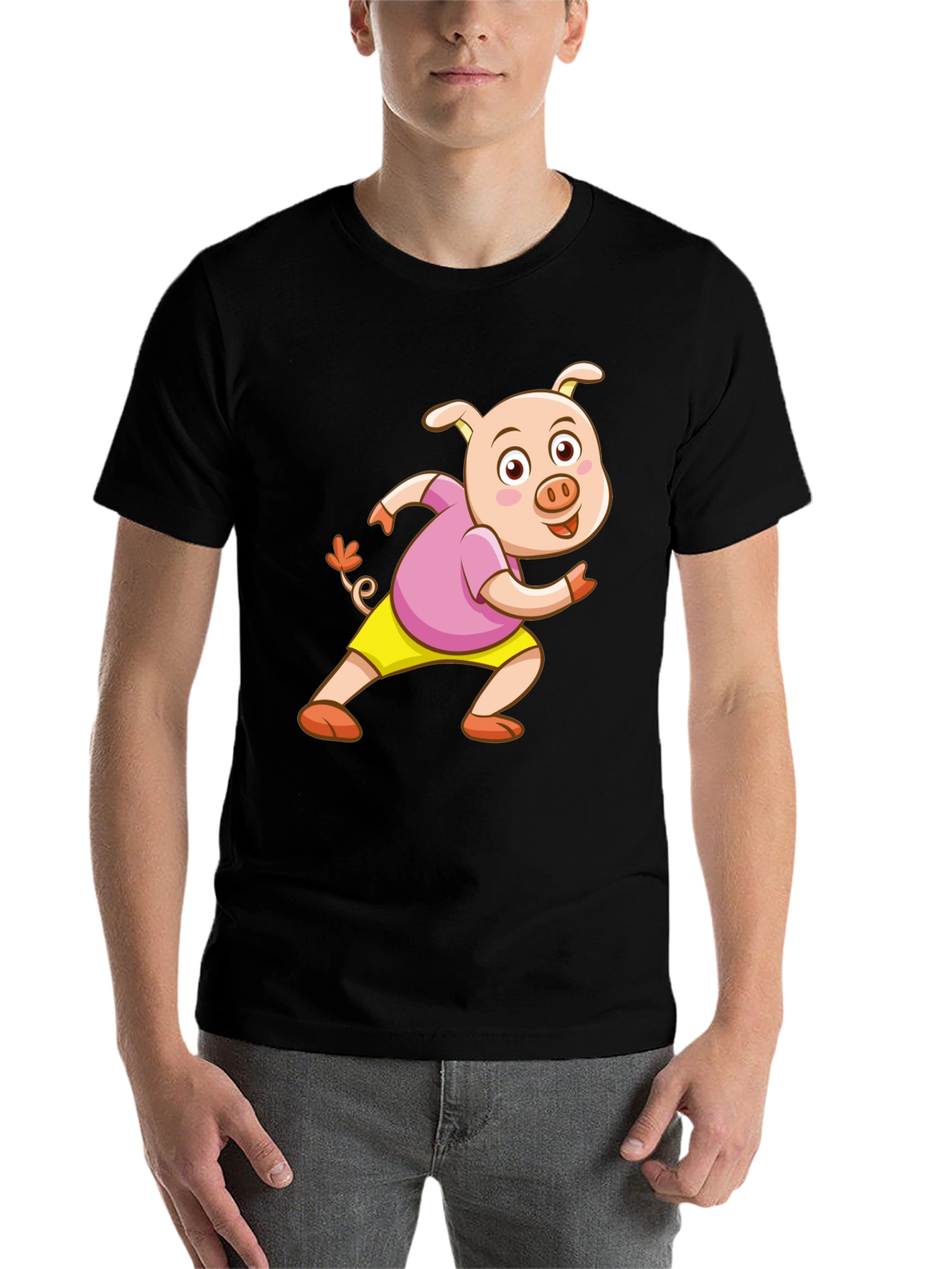 Black Cartoon Pig Black T-Shirt view 7