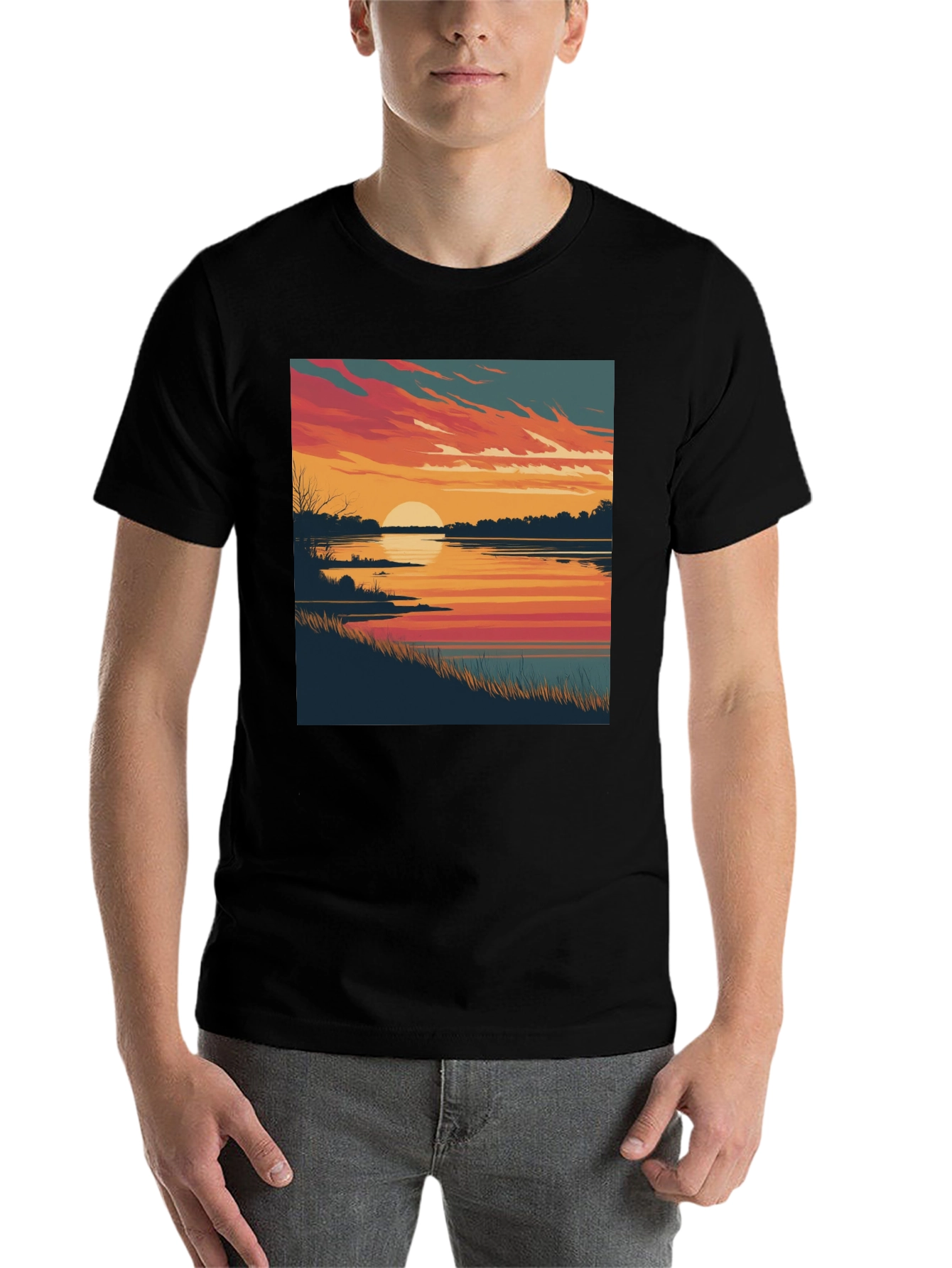 Black Sunset Lake Graphic Tee - Black Cotton Blend Comfort view 7