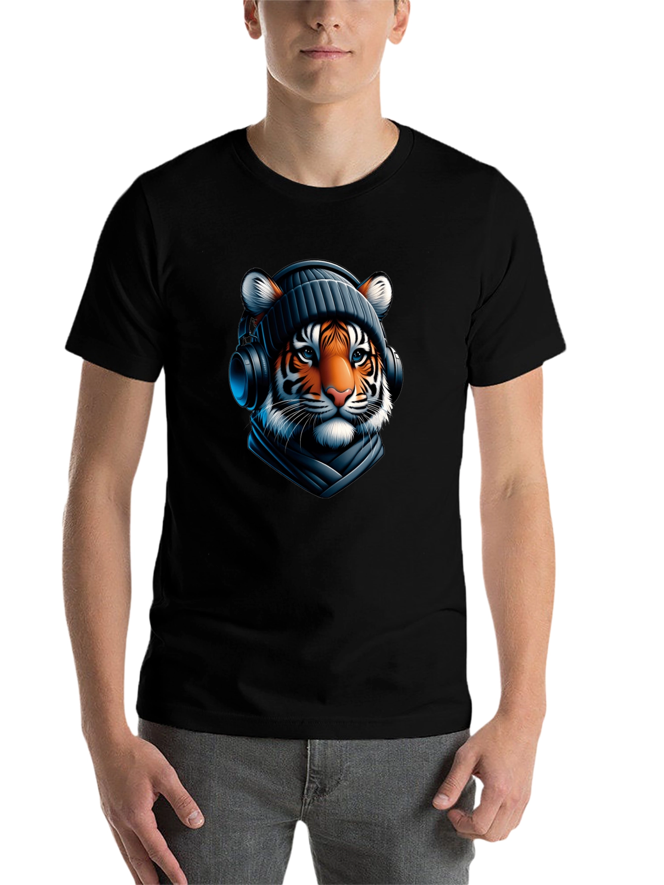 Black Tiger with Headphones Graphic Tee view 7