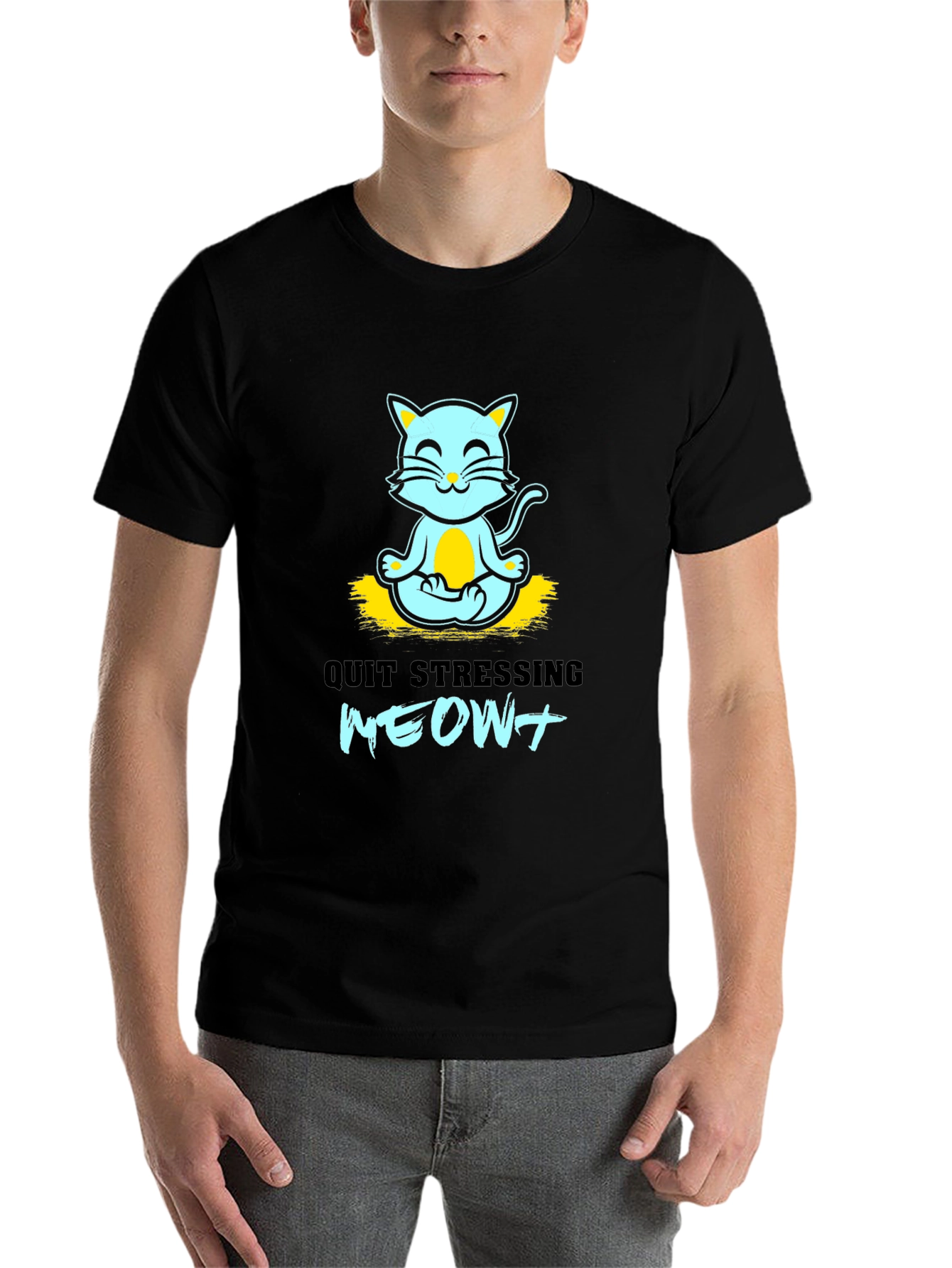 Black Meditating Cat Graphic Tee - Quit Stressing Meow! view 7