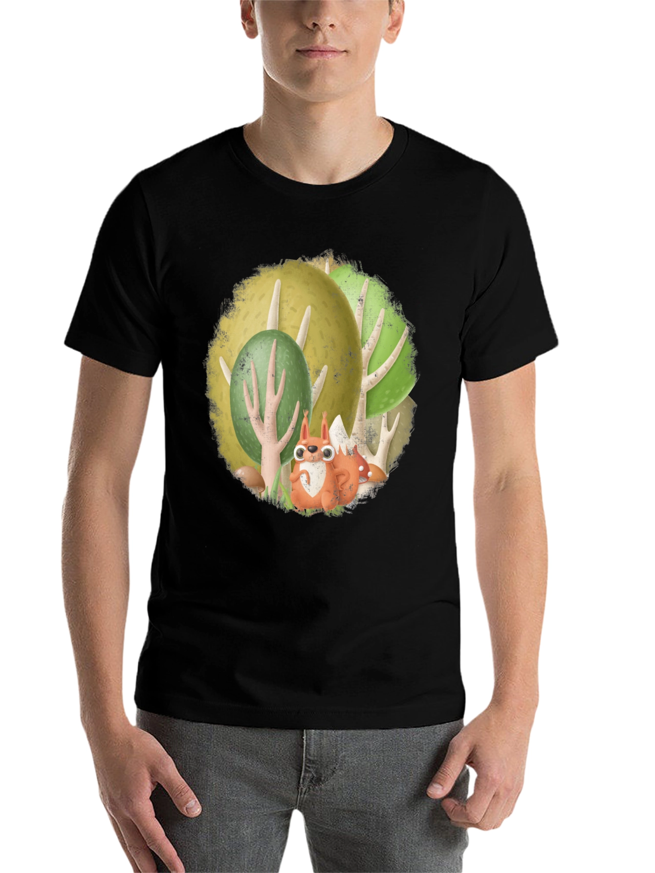 Black Whimsical Squirrel Forest Graphic Tee view 7