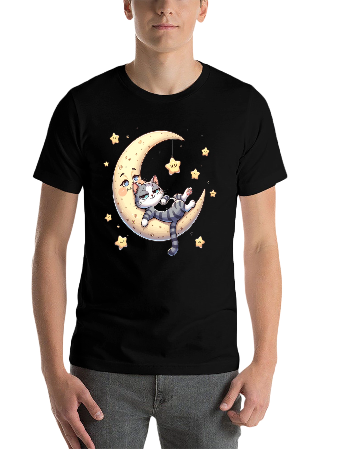 Black Cute Cat Moon Graphic T-Shirt view 7