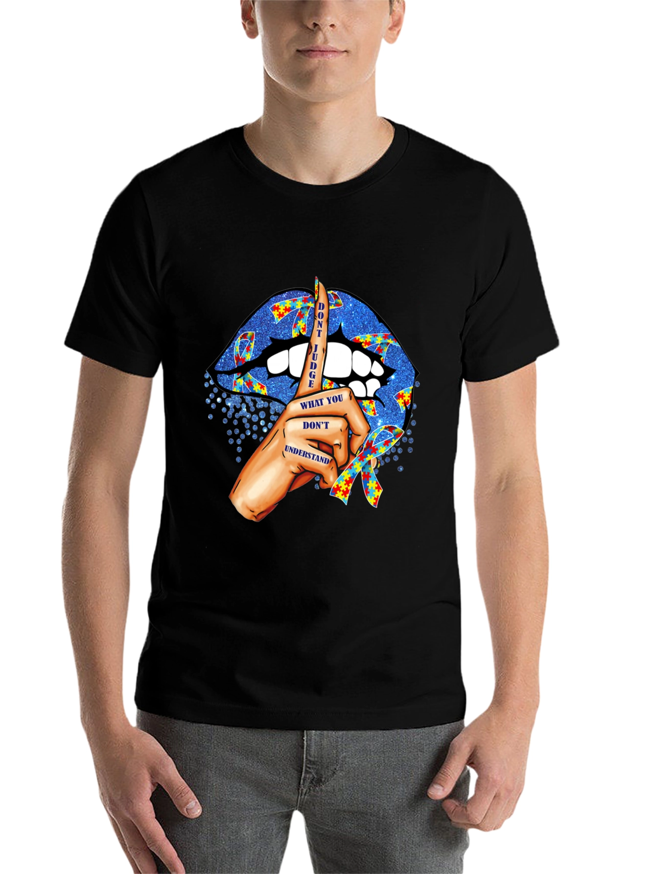 Black Autism Awareness Graphic Tee - Don't Judge Lips Design view 7