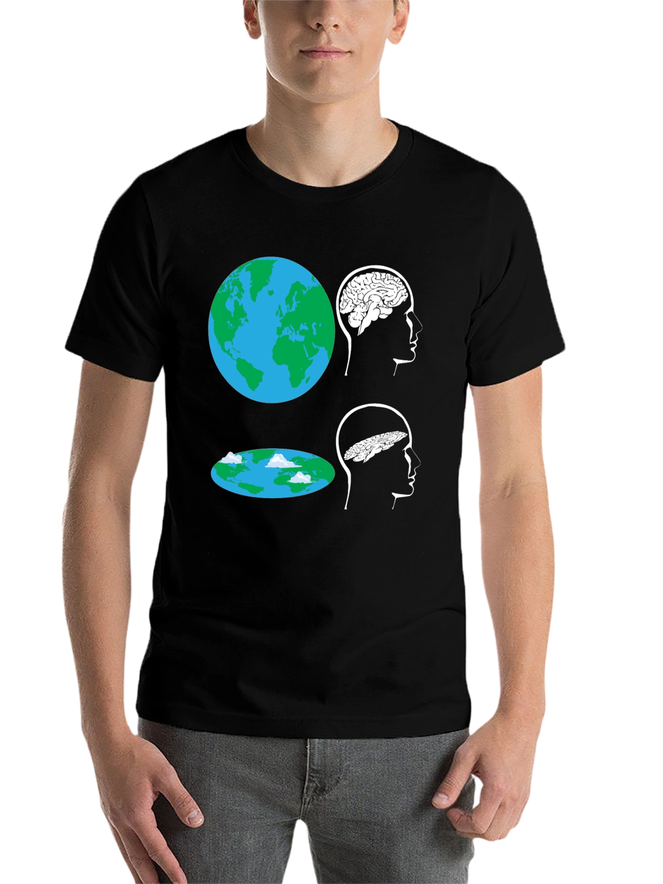Black Flat Earth Brain Tee: Round vs. Flat Mindset T-Shirt view 7