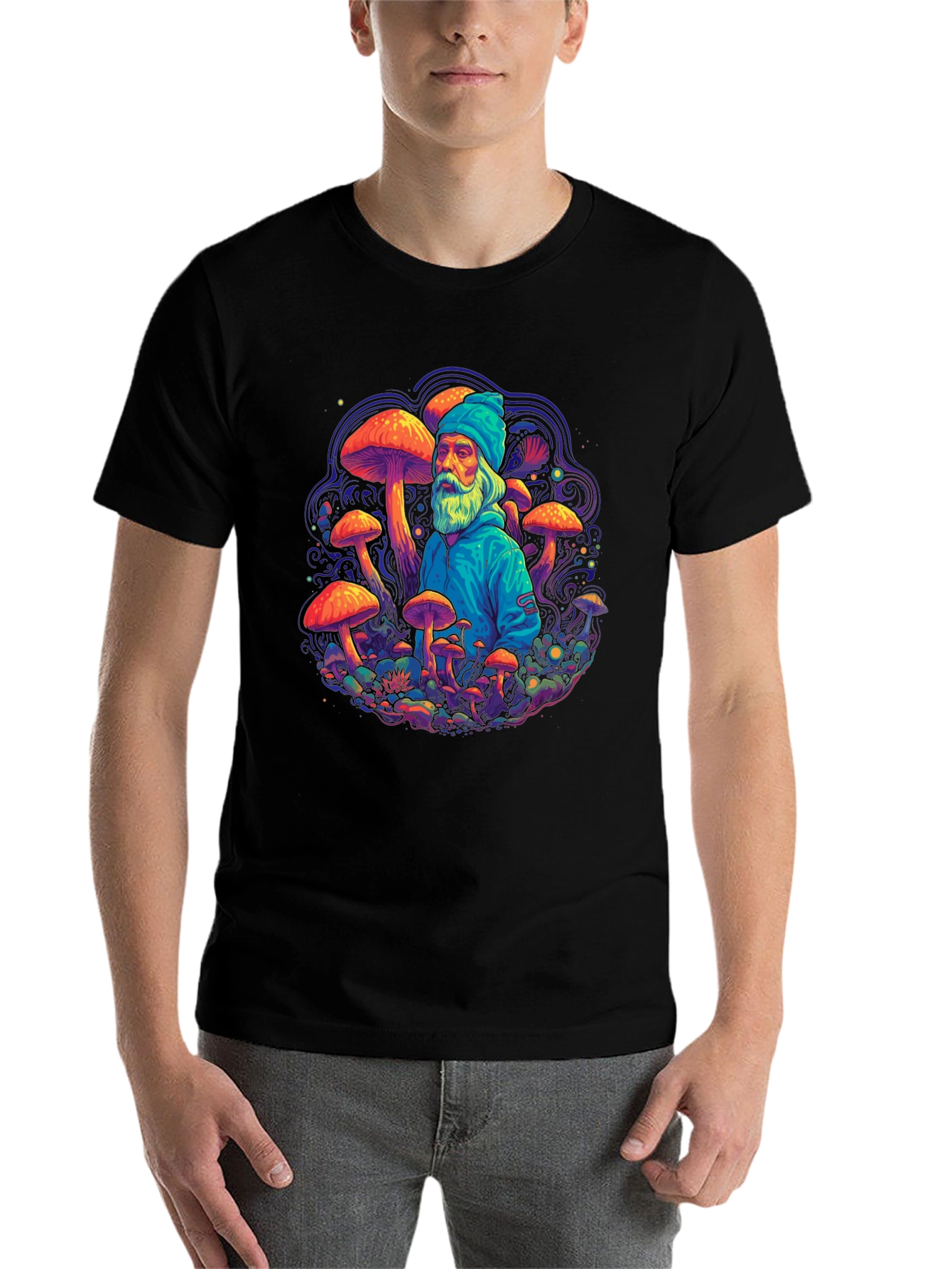 Black Wizard Mushroom Graphic Tee - Psychedelic Design view 7