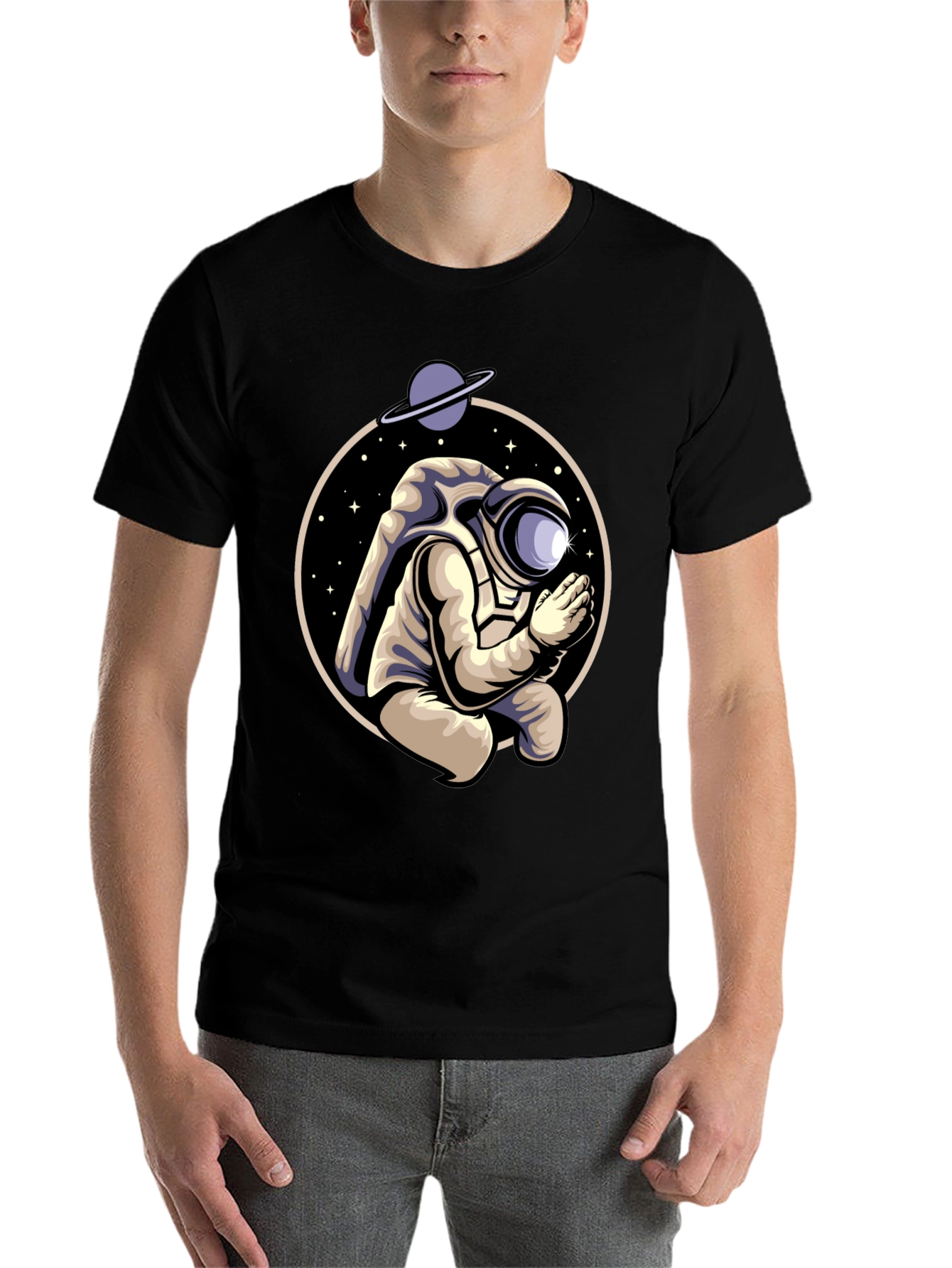 Black Praying Astronaut Graphic Tee - Unique Space Design view 7