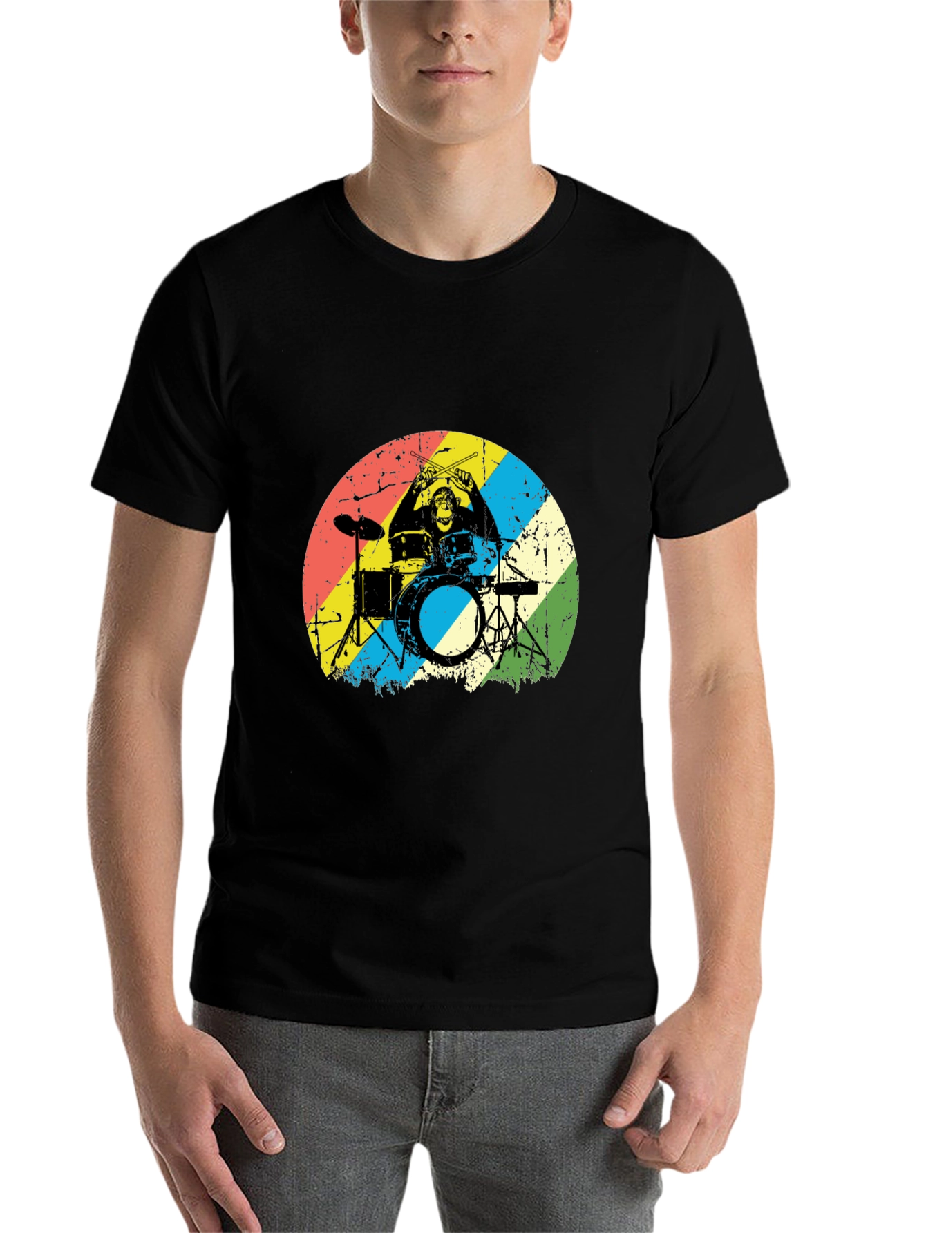 Black Monkey Drummer Graphic Tee - Retro Style Black T-Shirt view 7