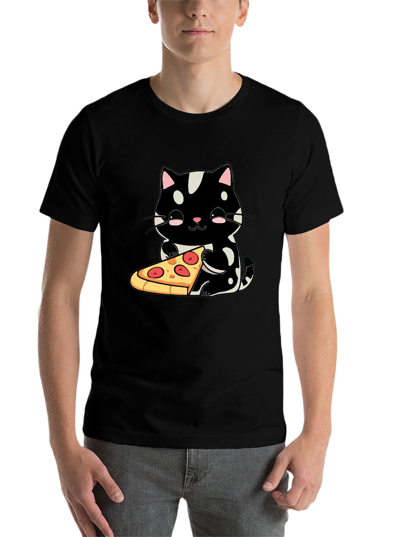 Black Cute Cat Pizza Graphic Tee - Black Cotton T-Shirt view 7