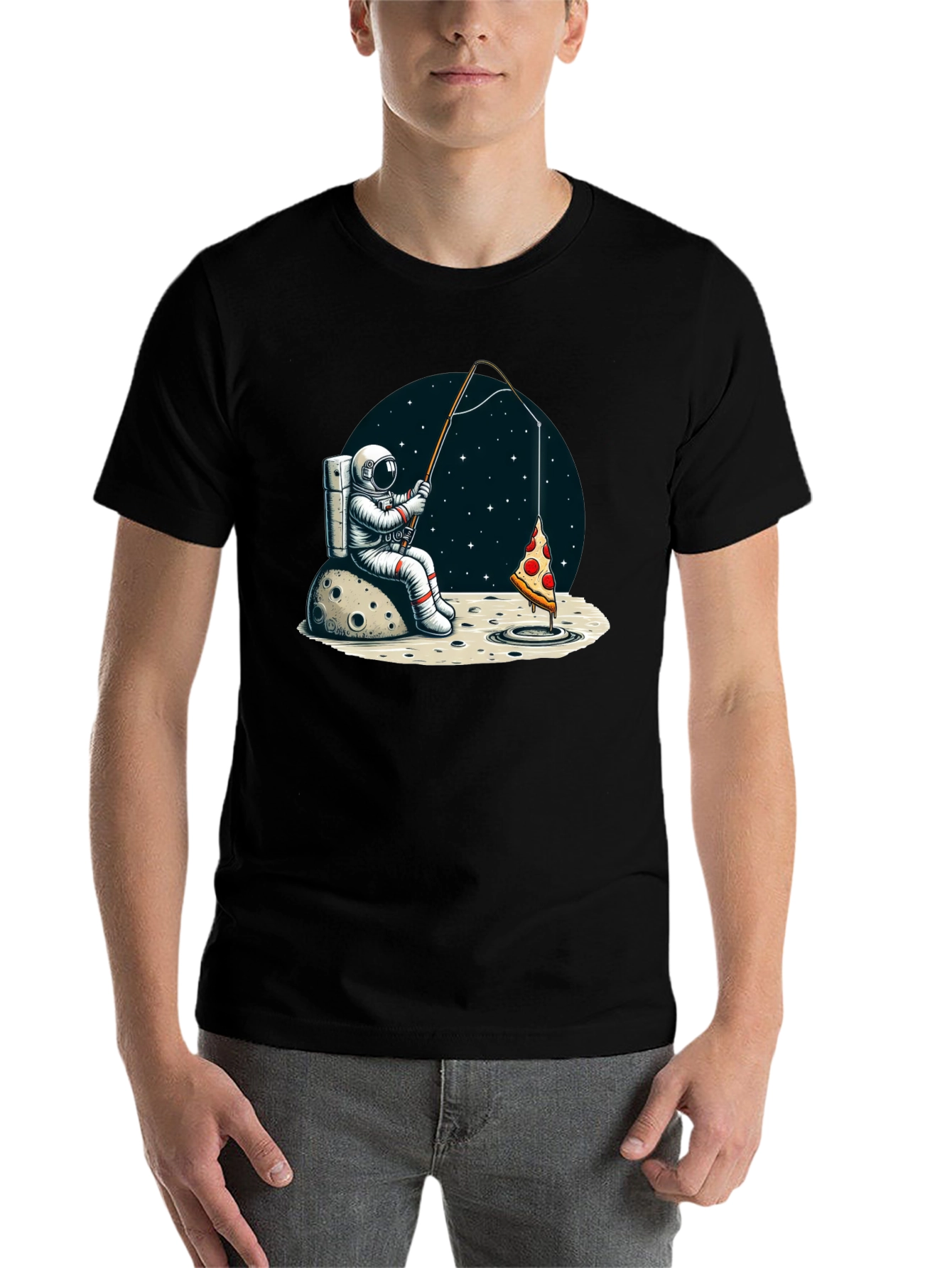 Black Astronaut Fishing for Pizza T-Shirt view 7