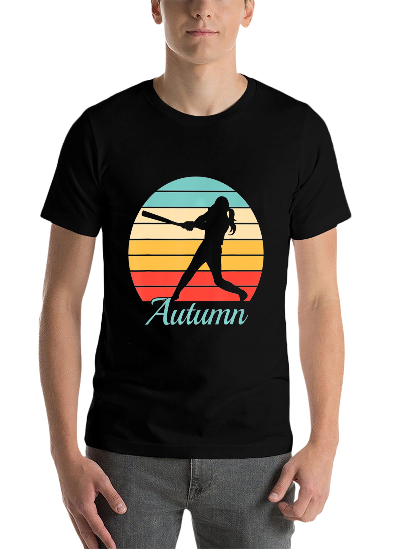 Black Autumn Softball T-Shirt Retro Sunset Silhouette view 7