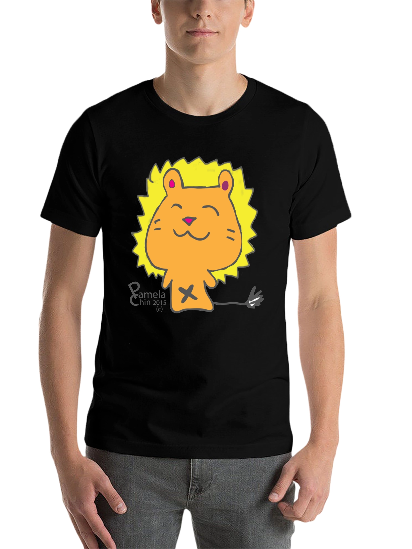 Black Cute Lion Cartoon Black T-Shirt view 7