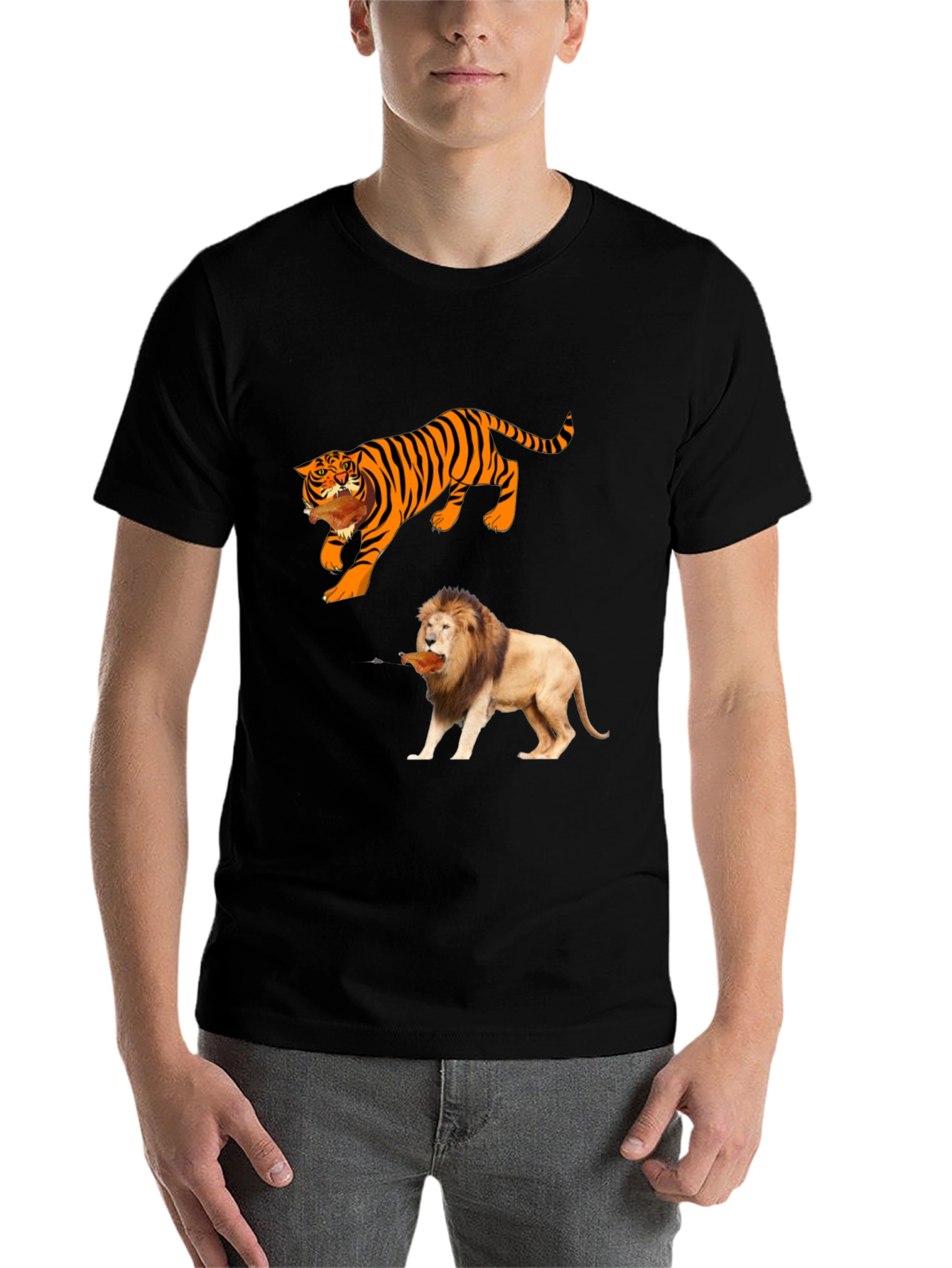 Black Tiger & Lion Graphic Tee - Black Cotton T-Shirt view 7
