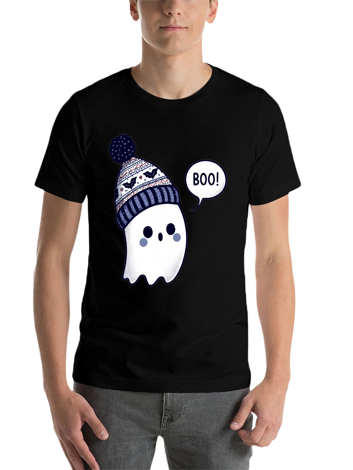 Black Cute Ghost in Beanie T-Shirt - Halloween Style view 7