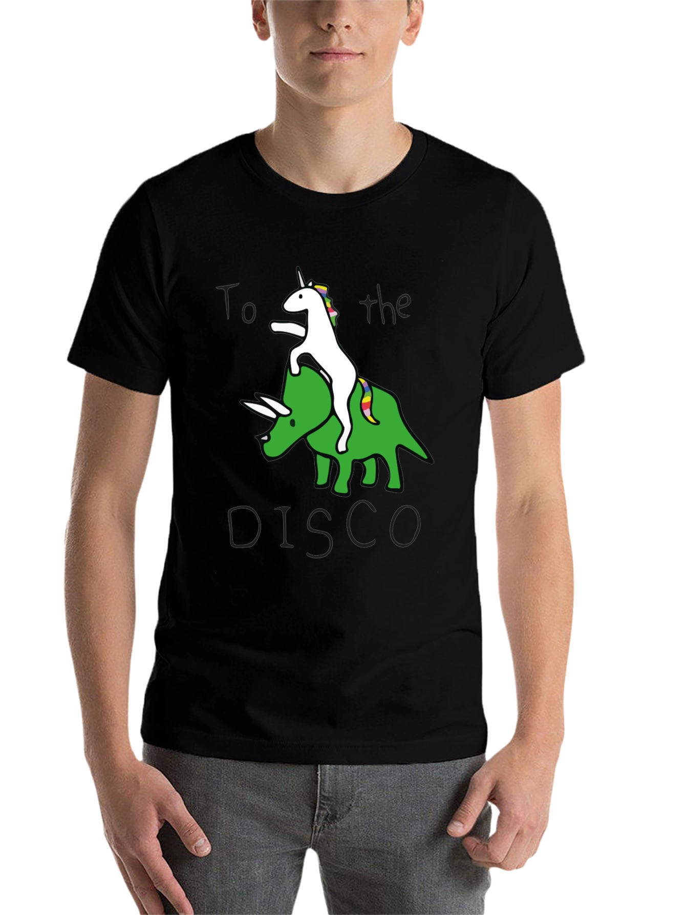 Black Unicorn Riding Triceratops to the Disco Graphic Tee view 7