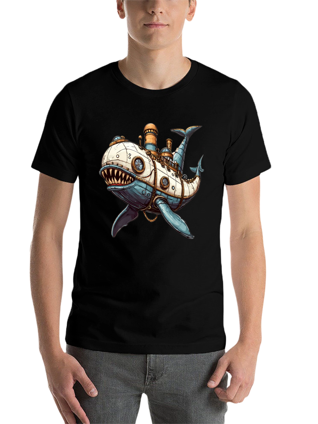 Black Steampunk Whale T-Shirt - Unique Design view 7