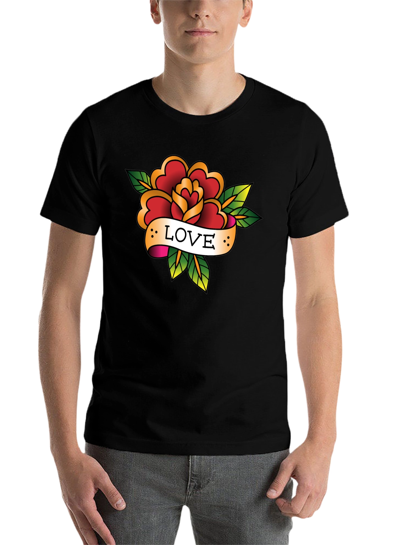 Black Love Rose Tattoo Style Black Graphic Tee view 7