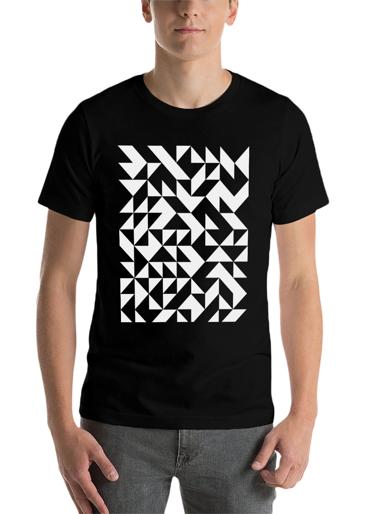 Black Geometric Triangle Pattern Black T-Shirt view 7