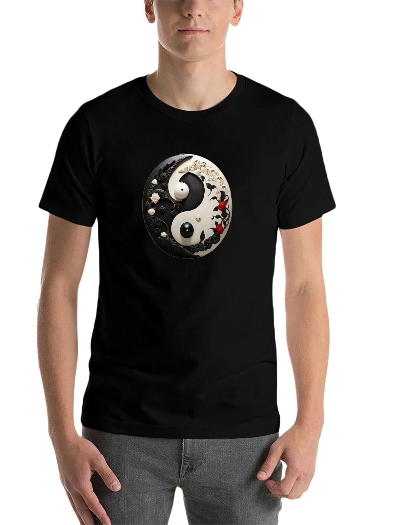 Black Yin Yang Floral Graphic Black T-Shirt view 7