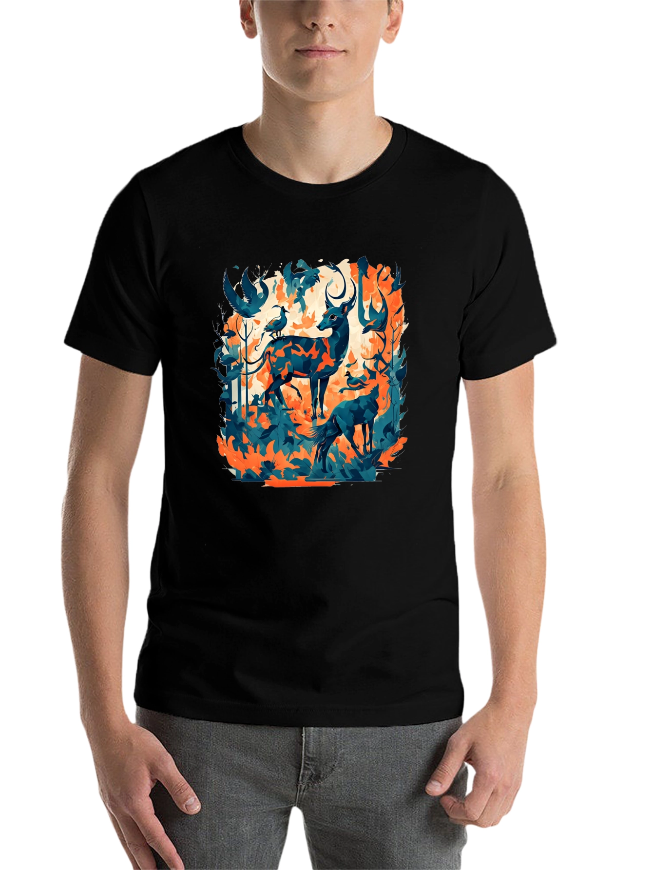 Black Nature Inspired Graphic Tee - Deer & Birds Design view 7