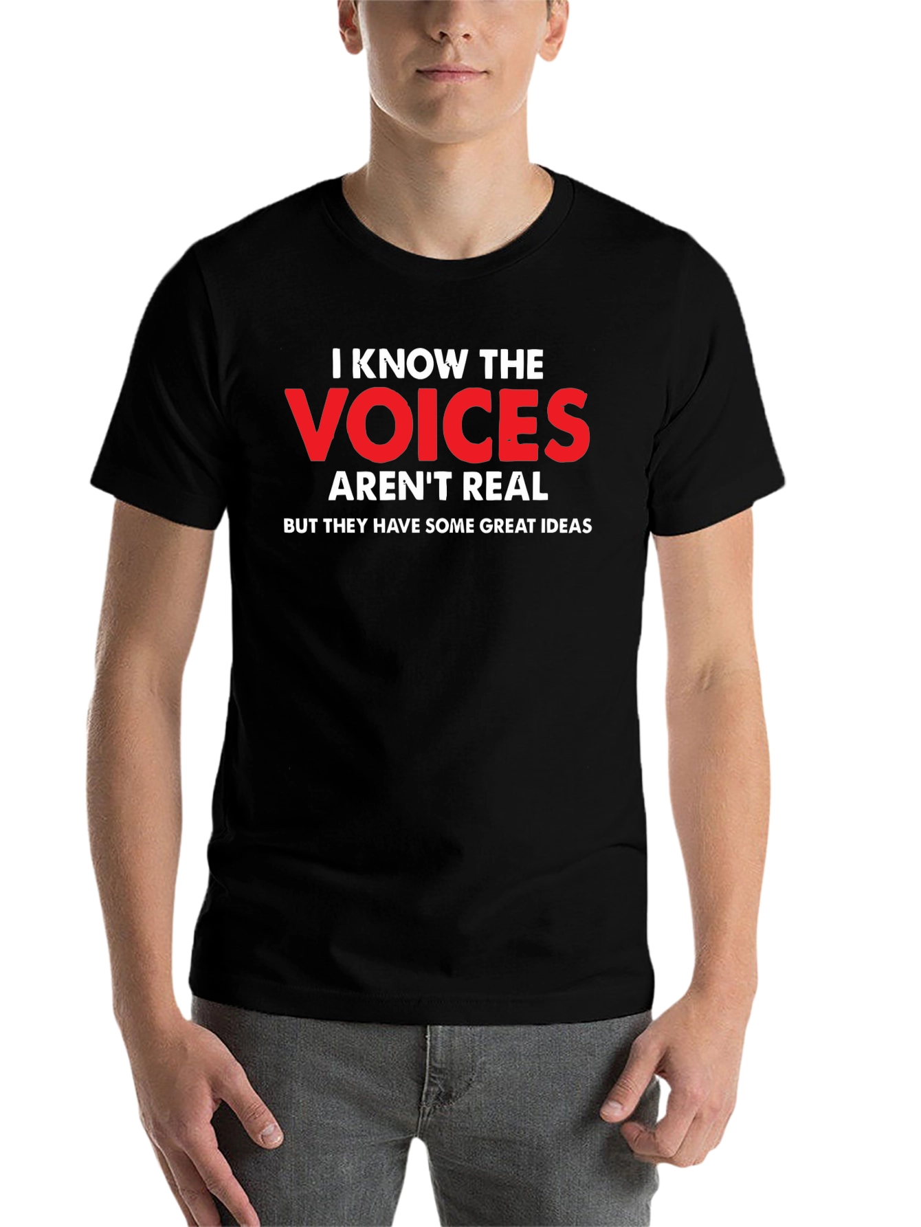 Black Funny "Voices Aren't Real" Graphic T-Shirt view 7