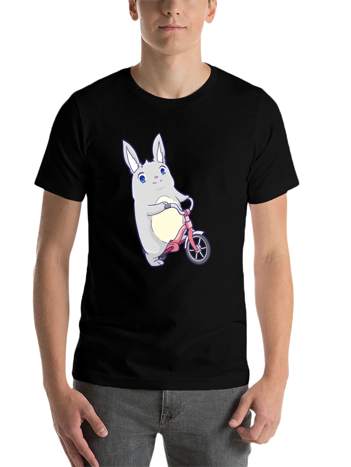 Black Cute Bunny on Bike Graphic T-Shirt view 7