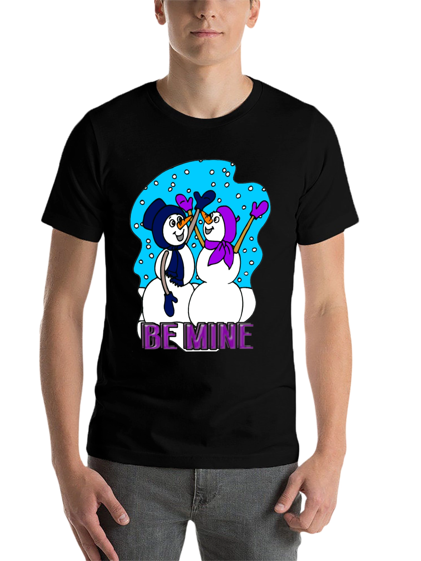 Black Snowman T-Shirt: "Be Mine" Valentine's Day Black Tee view 7