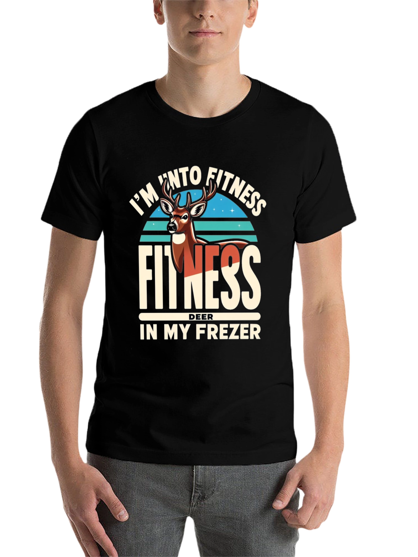 Black Fitness Deer in Freezer Funny T-Shirt view 7