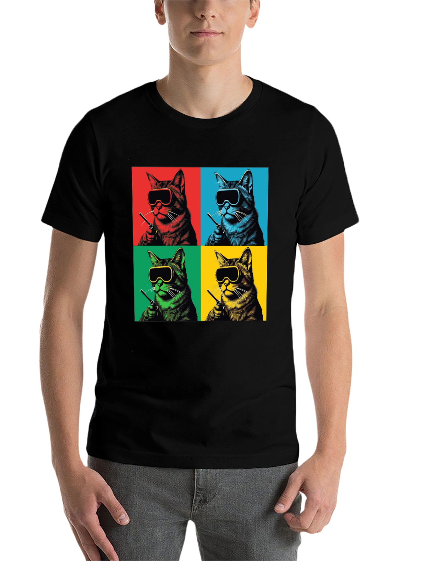 Black Pop Art Cat T-Shirt - Quirky Feline Style view 7