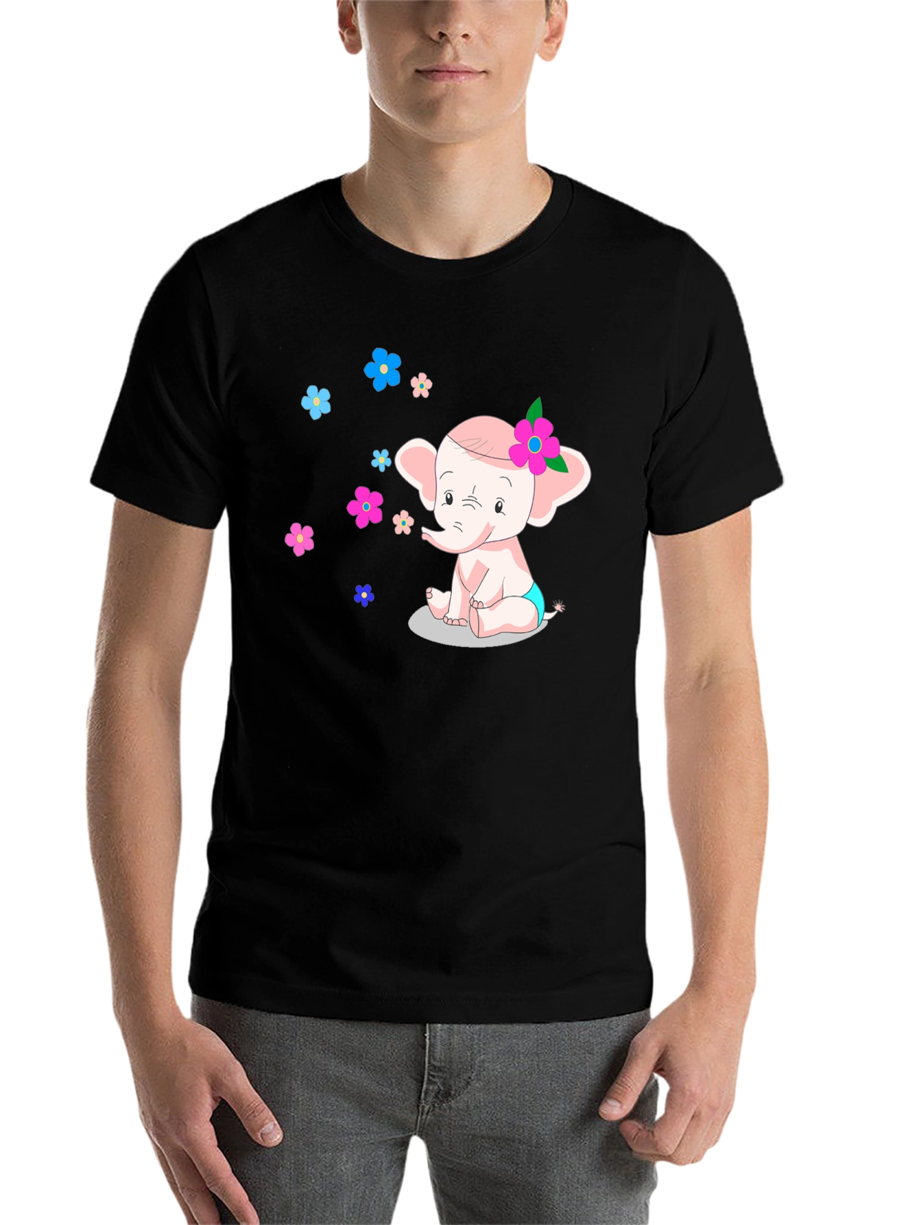 Black Cute Cartoon Elephant Graphic Tee view 7