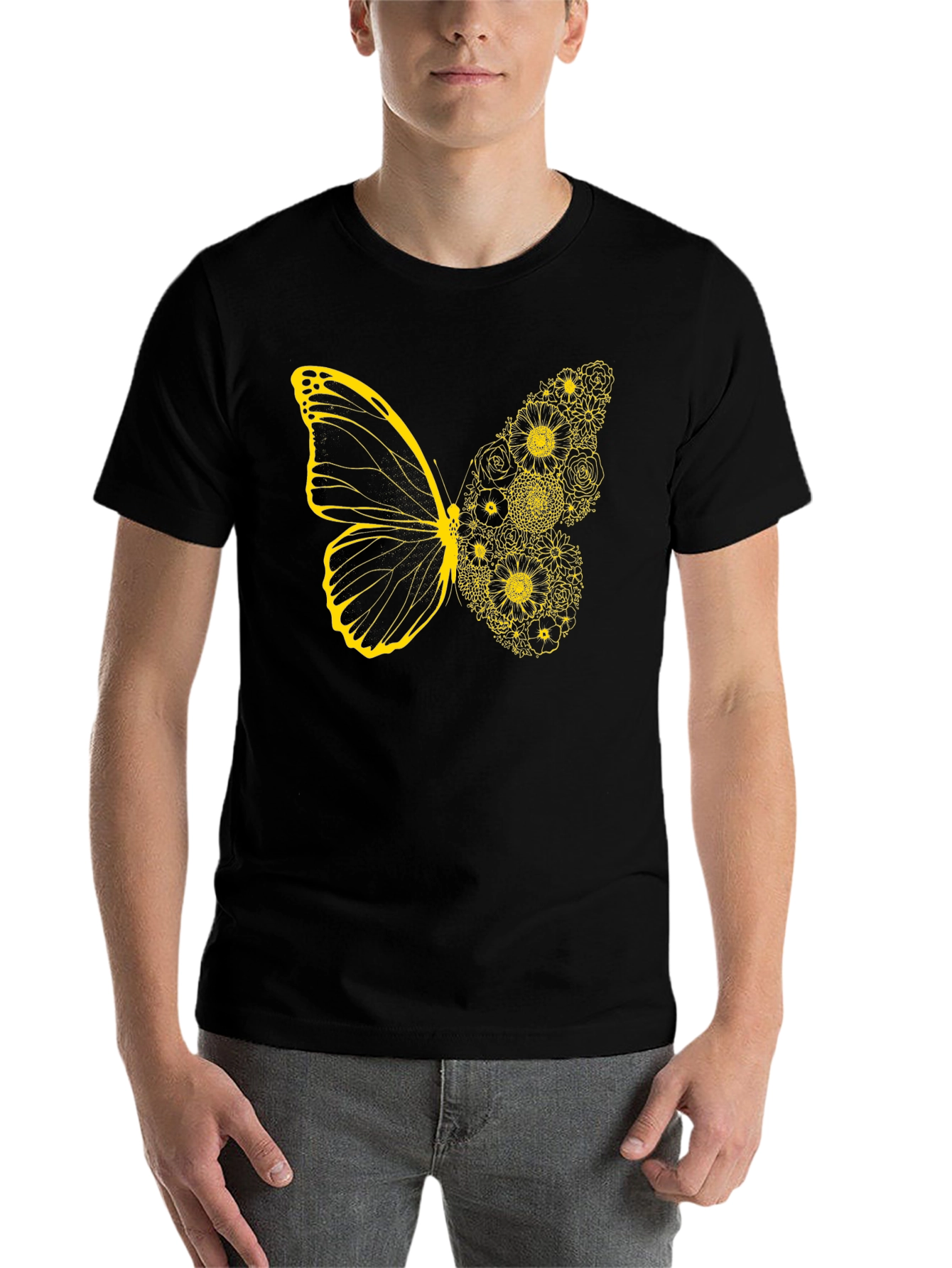 Black Floral Butterfly Graphic Tee - Black Cotton Casual Top view 7