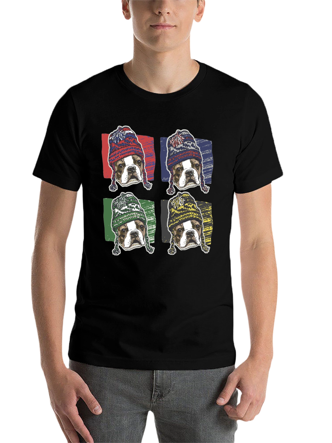 Black Dog in Hats Graphic Tee - Trendy Pop Art Style view 7