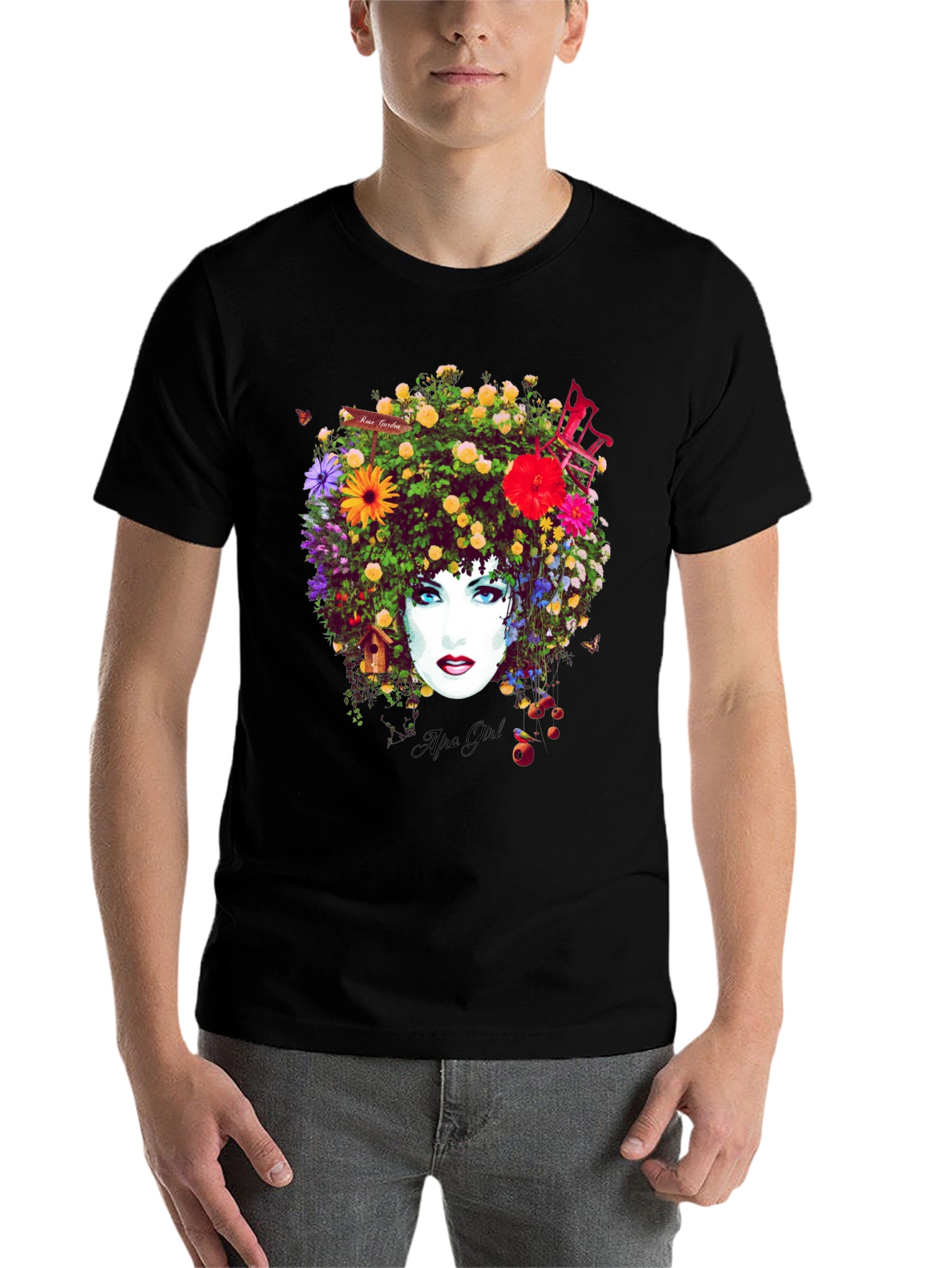 Black Floral Afro Girl Graphic Tee - Unique Design view 7