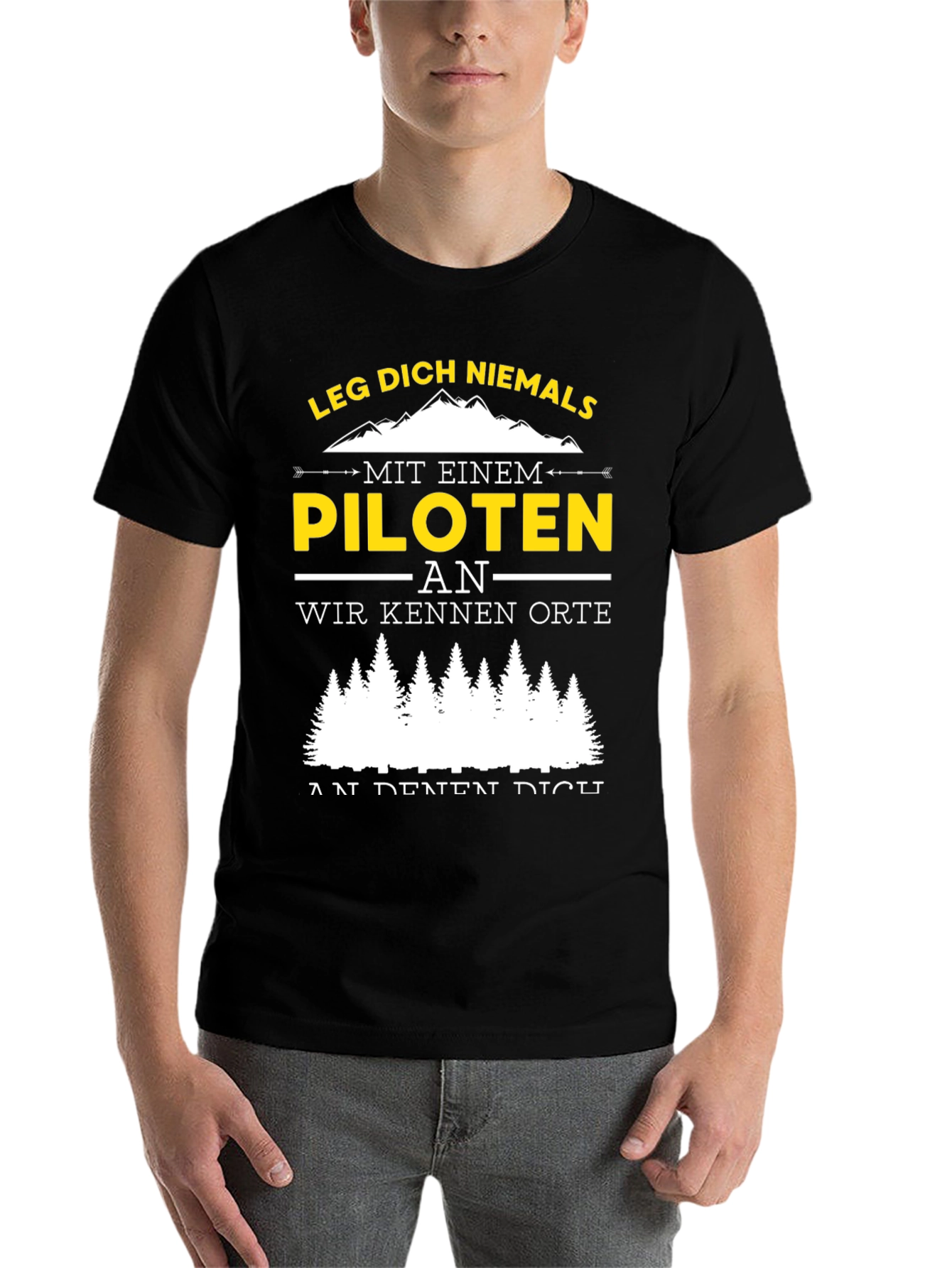 Black Pilot Humor Graphic T-Shirt - "Leg Dich Niemals..." view 7