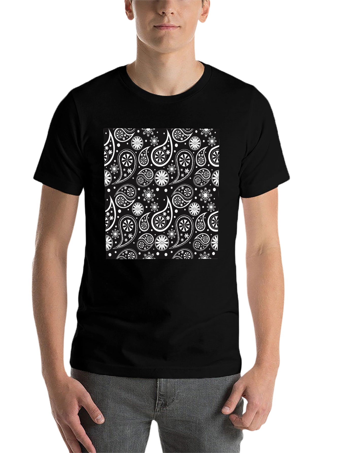 Black Stylish Paisley Patterned Black T-Shirt view 7
