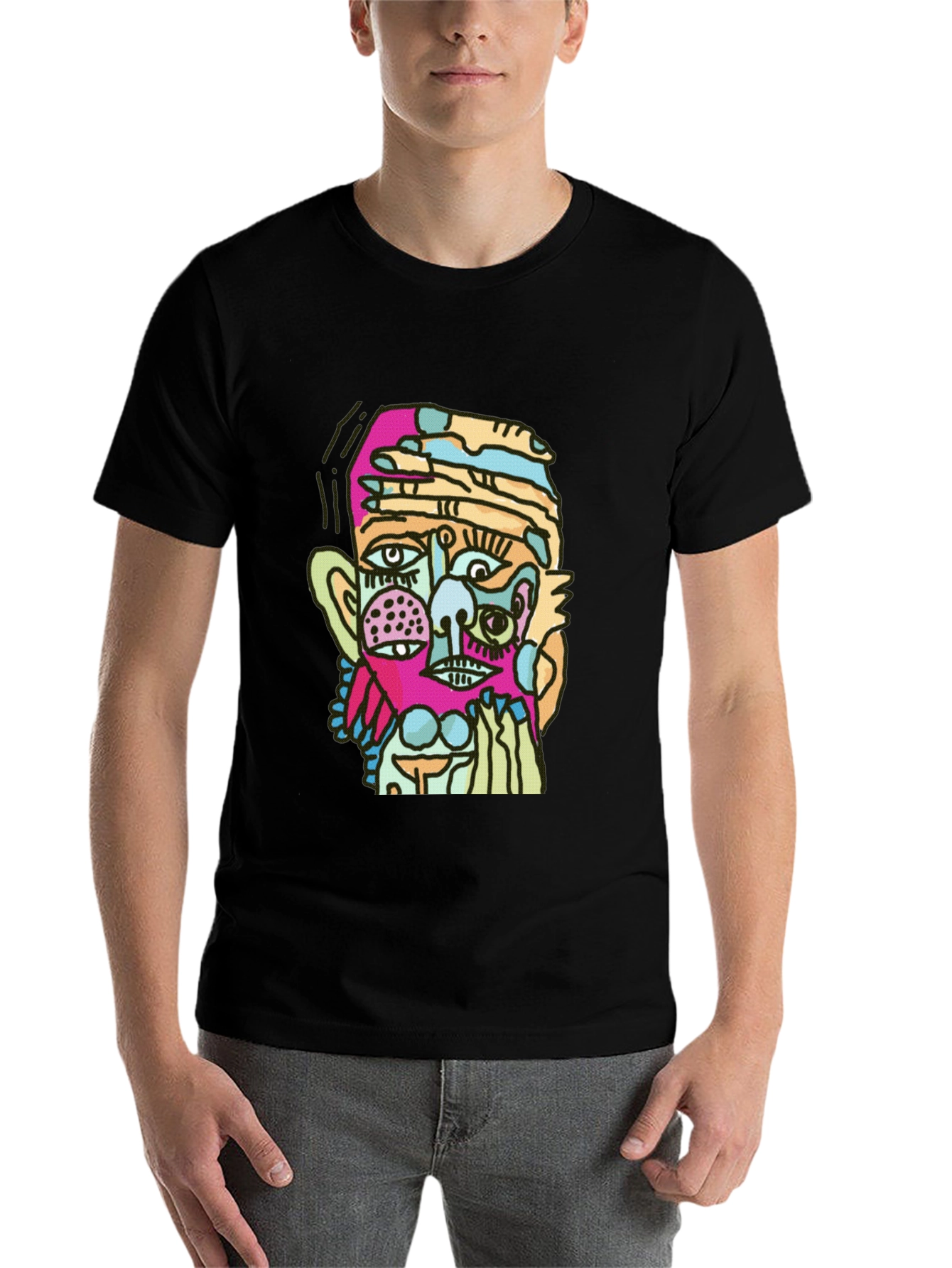 Black Abstract Face Graphic Black T-Shirt view 7