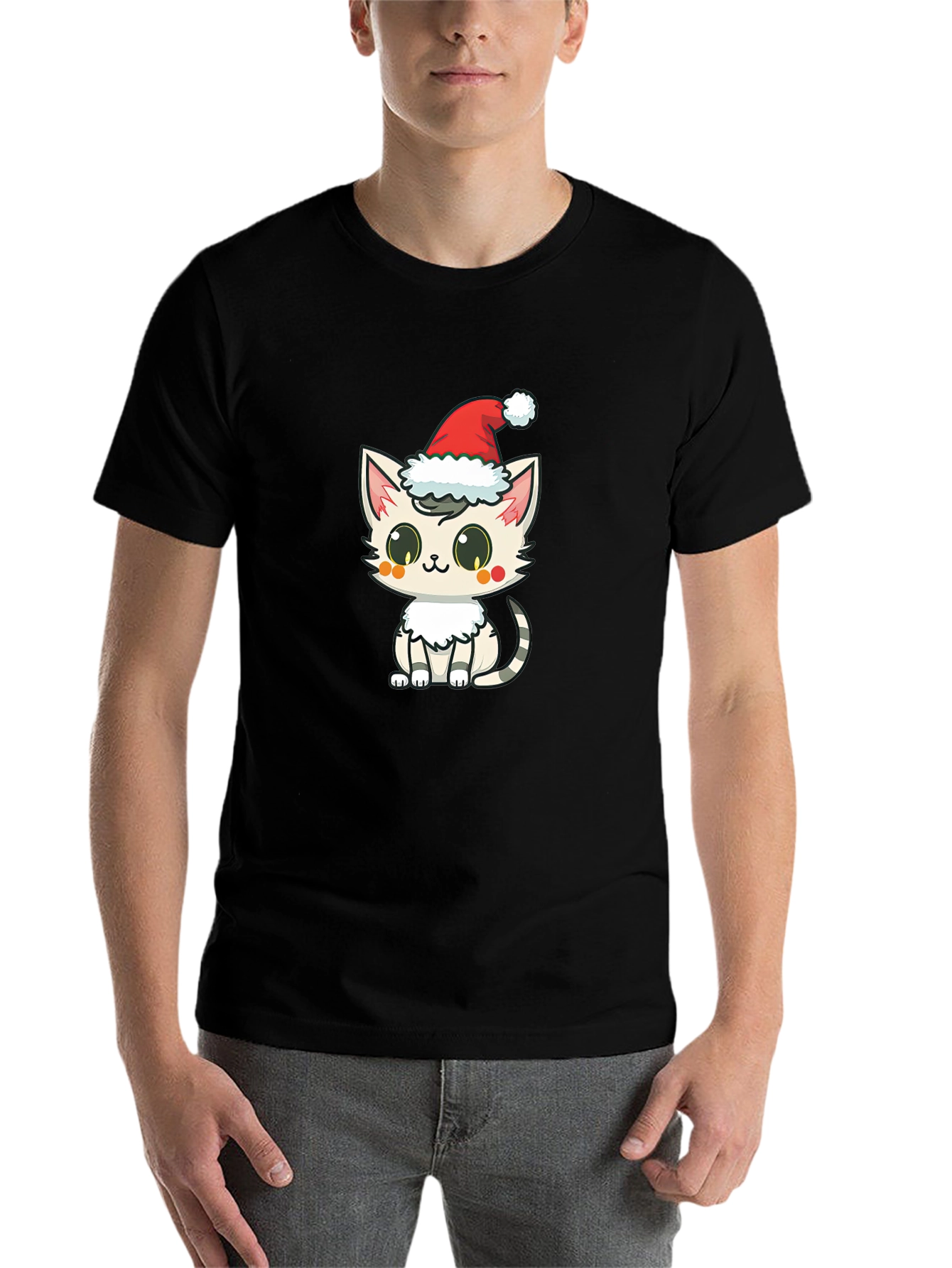 Black Cute Cat in Santa Hat Graphic T-Shirt view 7
