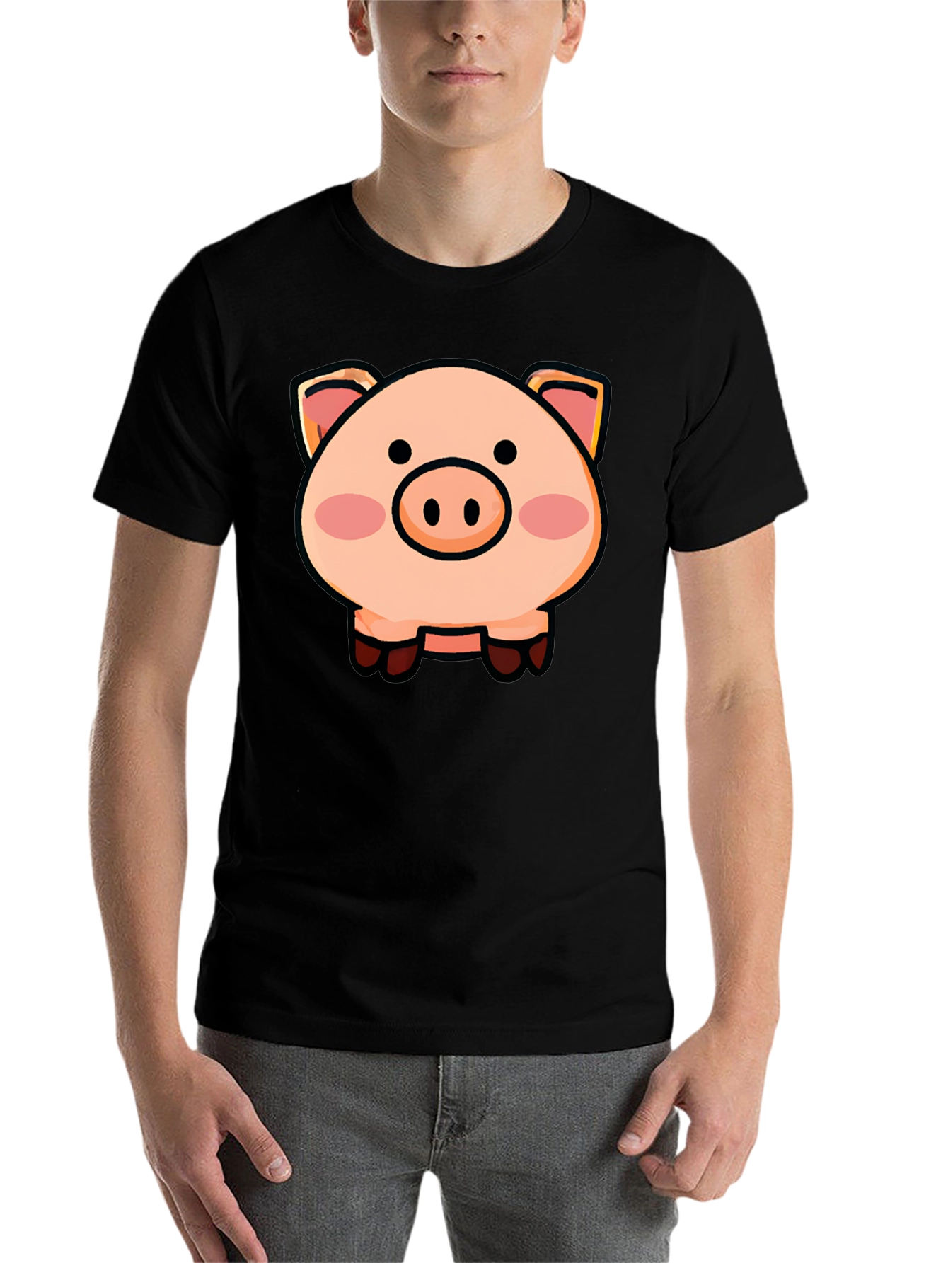 Black Cartoon Pig Graphic Tee - Unisex Black T-Shirt view 7