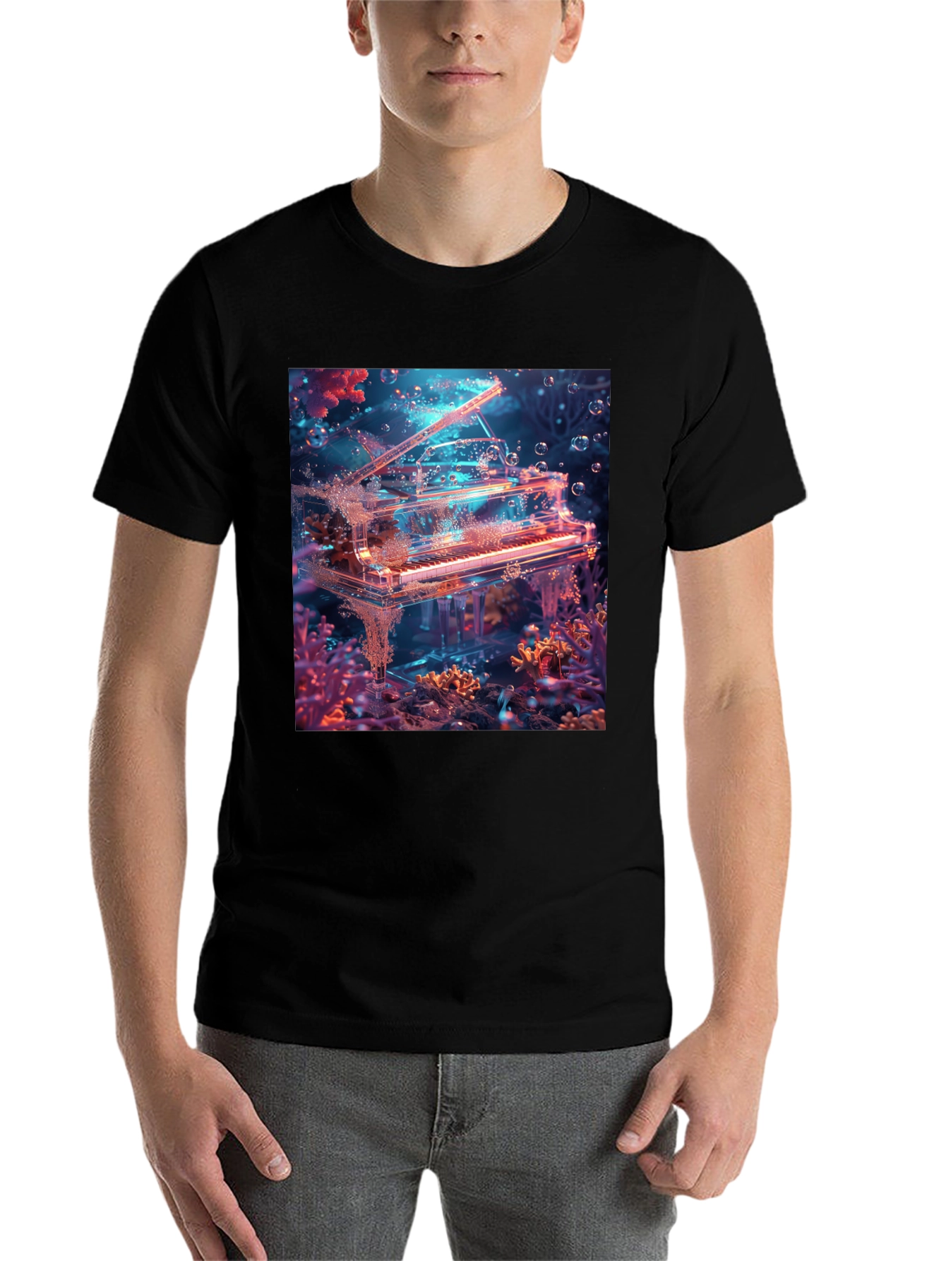 Black Underwater Piano Graphic Tee - Unique Design view 7