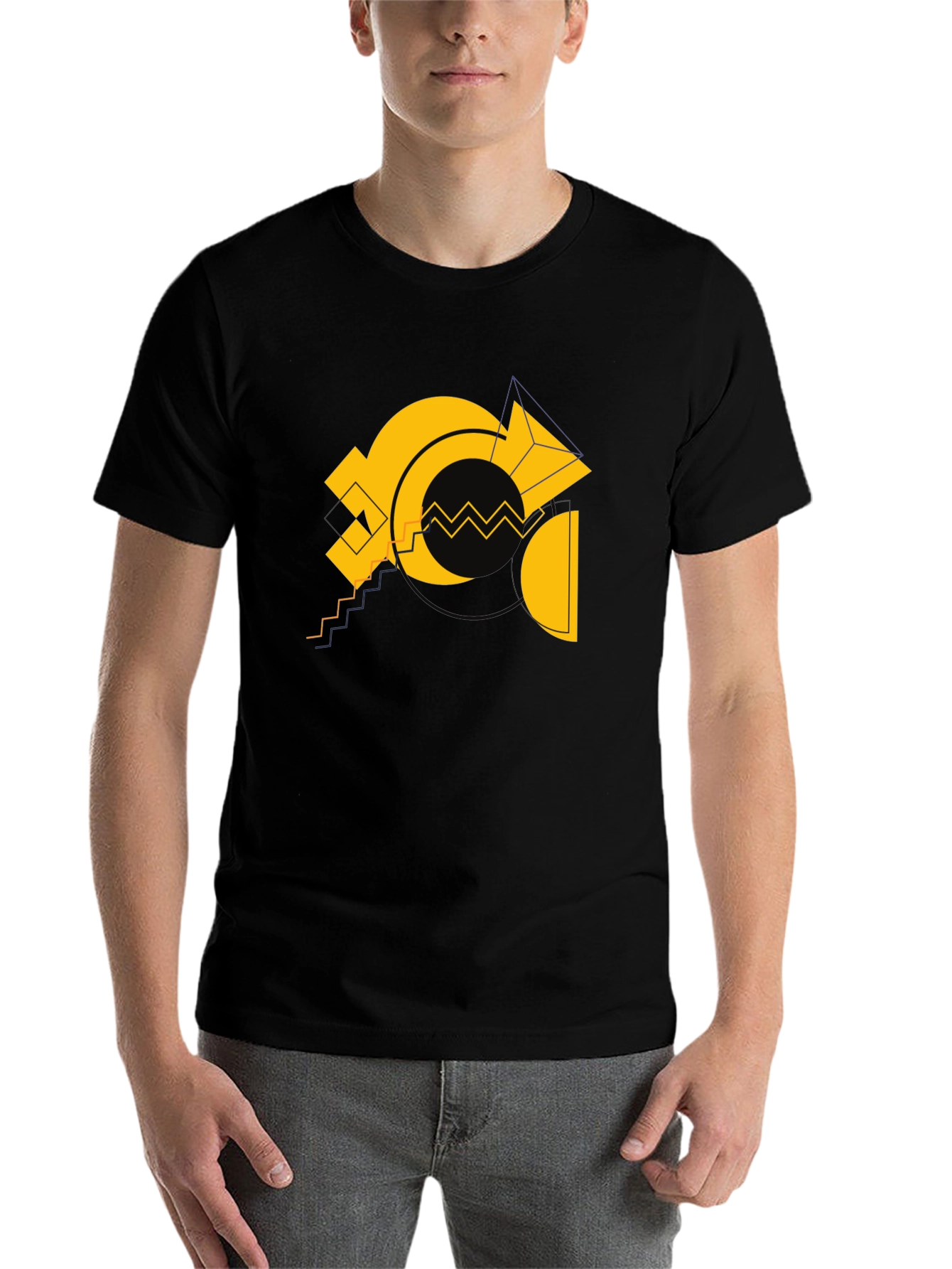 Black Geometric Gold Design Black Cotton T-Shirt view 7