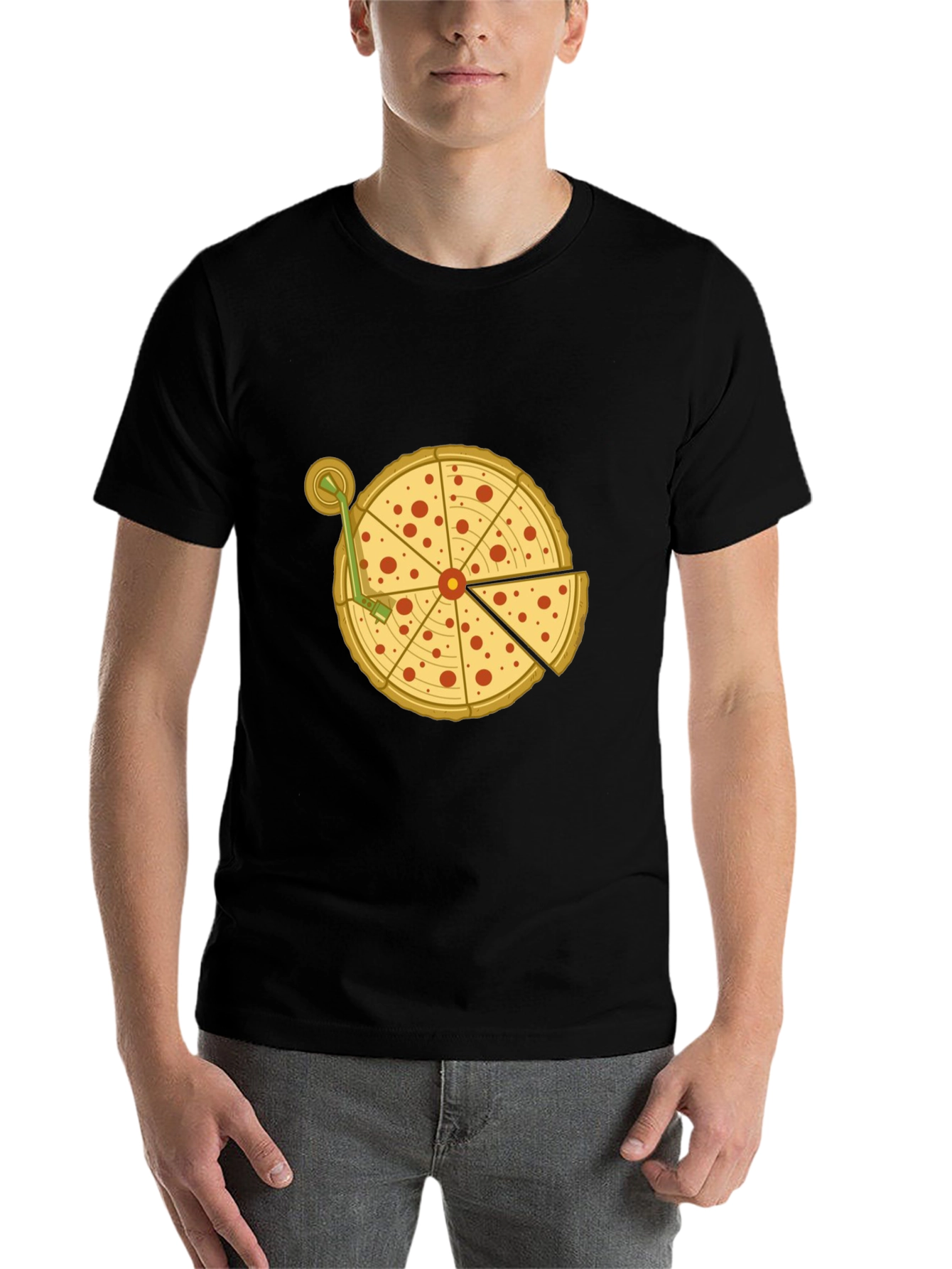 Black Pizza Turntable Graphic Tee - Black Cotton T-Shirt view 7